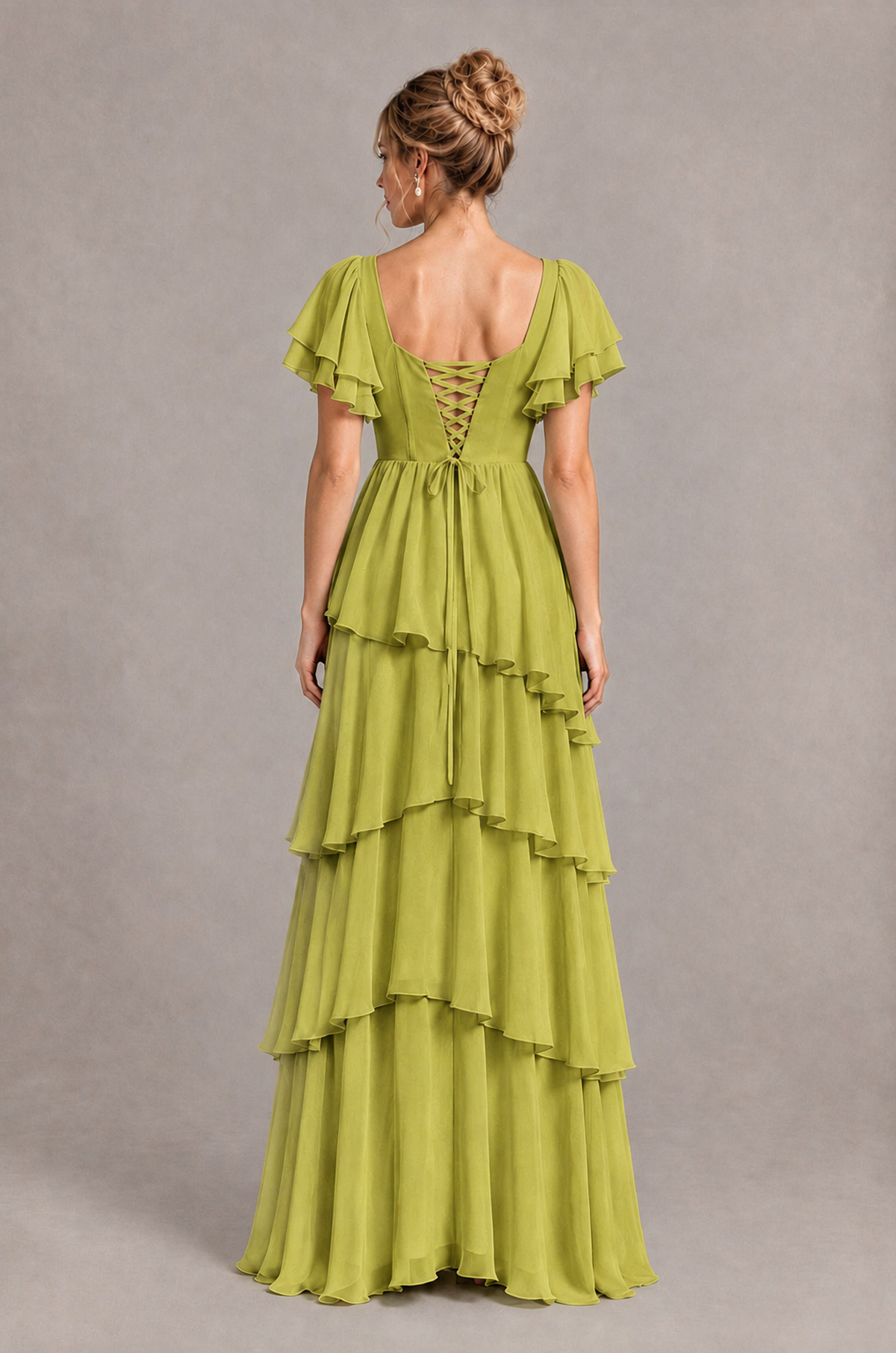 BOLODOO Chartreuse Square Neck Flutter Sleeve Tiered Chiffon Bridesmaid Dress with Lace-Up Back - Chartreuse - Chartreuse_2