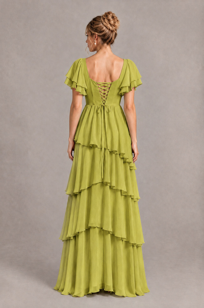 BOLODOO Chartreuse Square Neck Flutter Sleeve Tiered Chiffon Bridesmaid Dress with Lace-Up Back - Chartreuse - Chartreuse_2