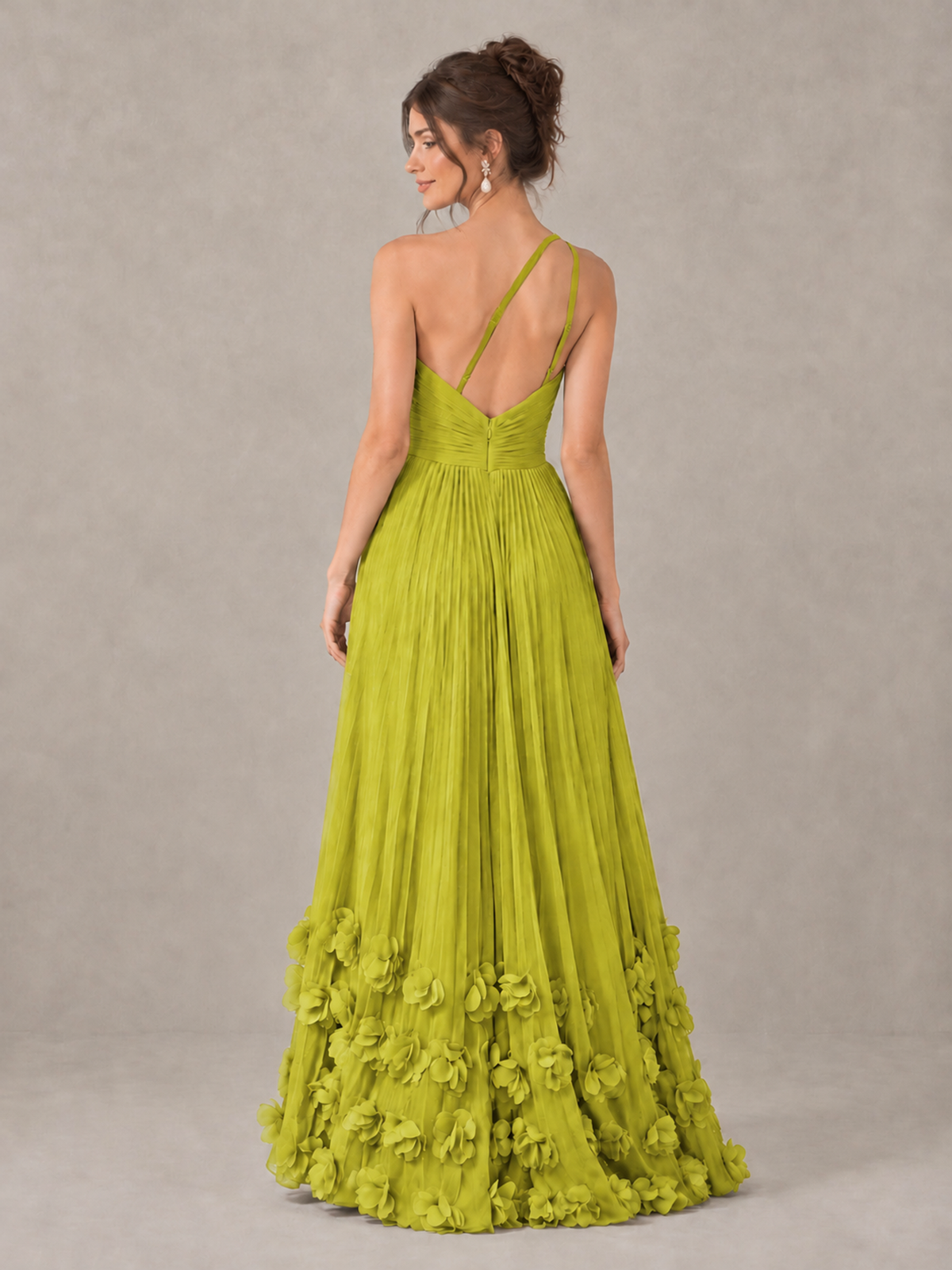 BOLODOO Chartreuse One-Shoulder Pleated Bridesmaid Dress with 3D Floral Hem - Chartreuse - Chartreuse_2