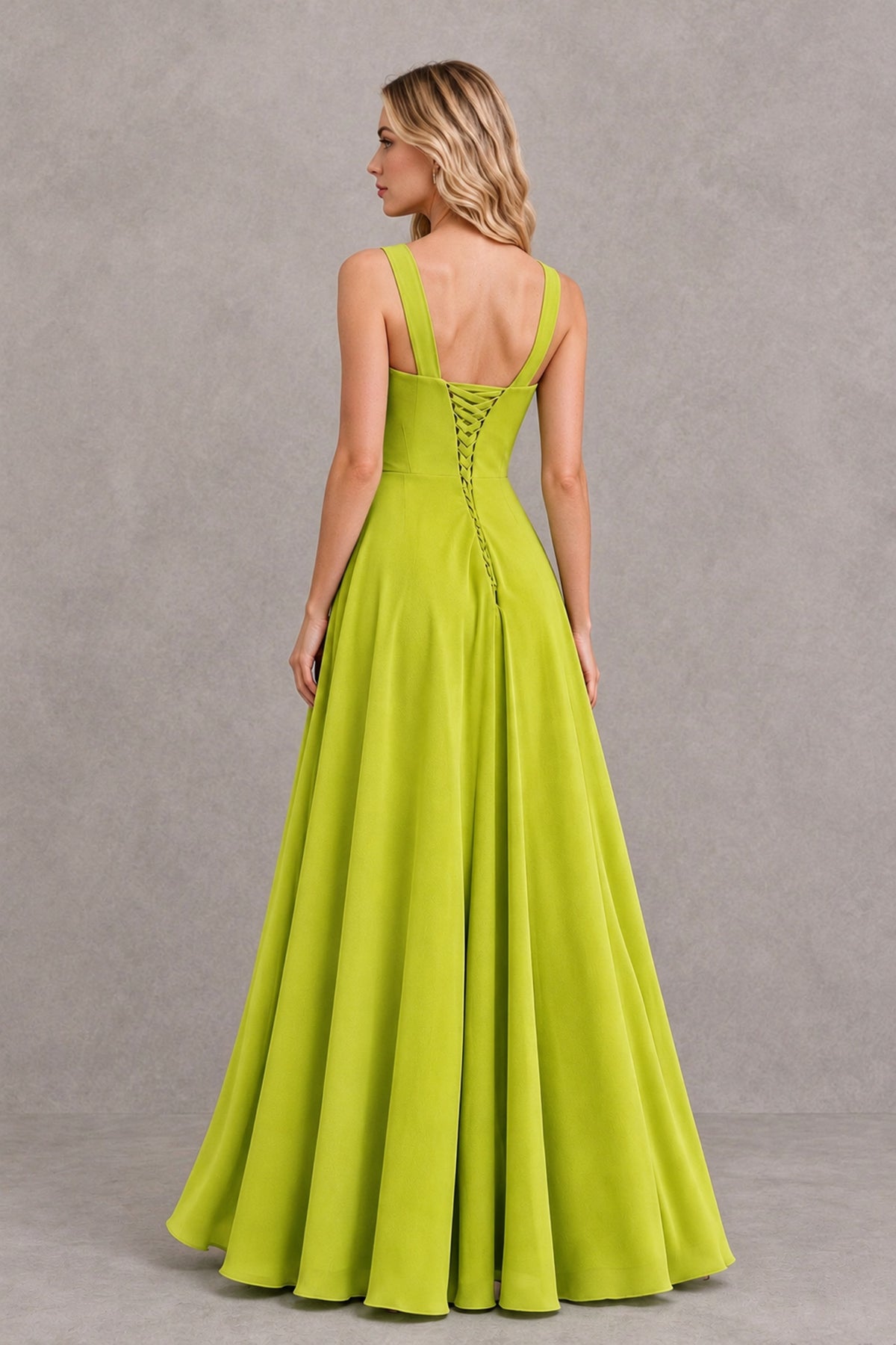 BOLODOO Chartreuse Square Neck Ruffle A-Line Bridesmaid Dress with Slit - Chartreuse - Chartreuse_2