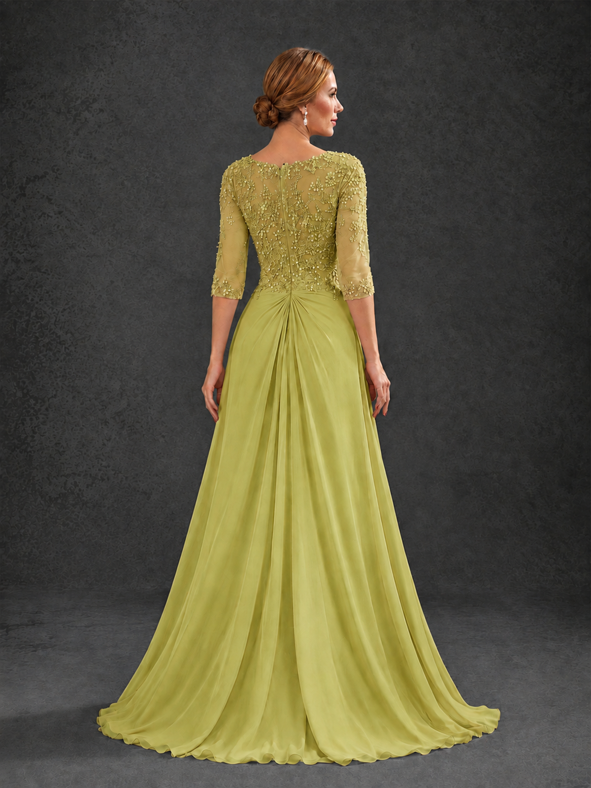 BOLODOO Chartreuse Sweetheart Neck 3/4 Sleeve Floral Lace Illusion Bodice Chiffon A-Line Gown - Chartreuse - Chartreuse_2