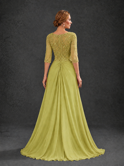 BOLODOO Chartreuse Sweetheart Neck 3/4 Sleeve Floral Lace Illusion Bodice Chiffon A-Line Gown - Chartreuse - Chartreuse_2