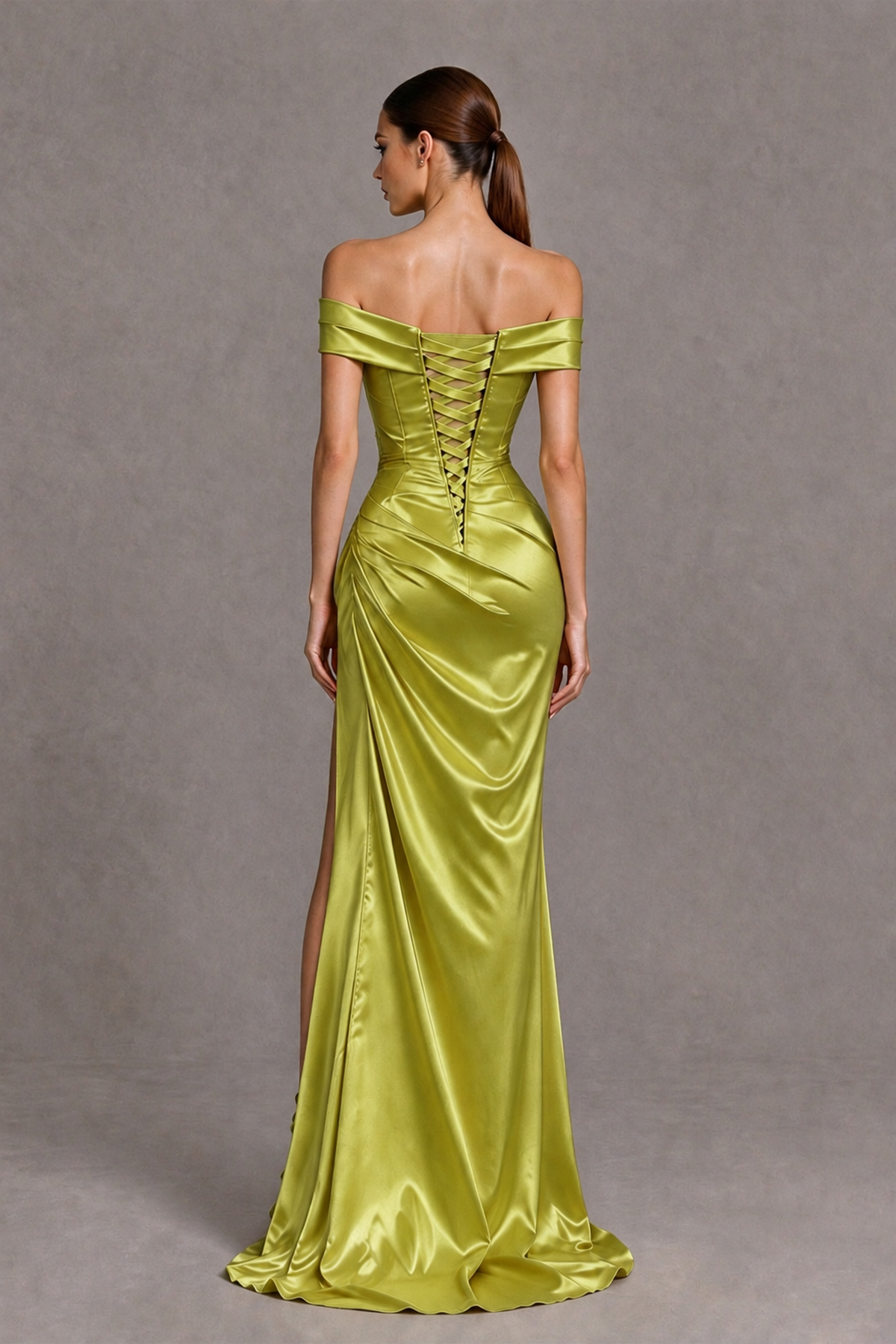 BOLODOO Chartreuse Off-the-Shoulder Ruched Satin Prom & Evening Dress with High Slit - Chartreuse - Chartreuse_2