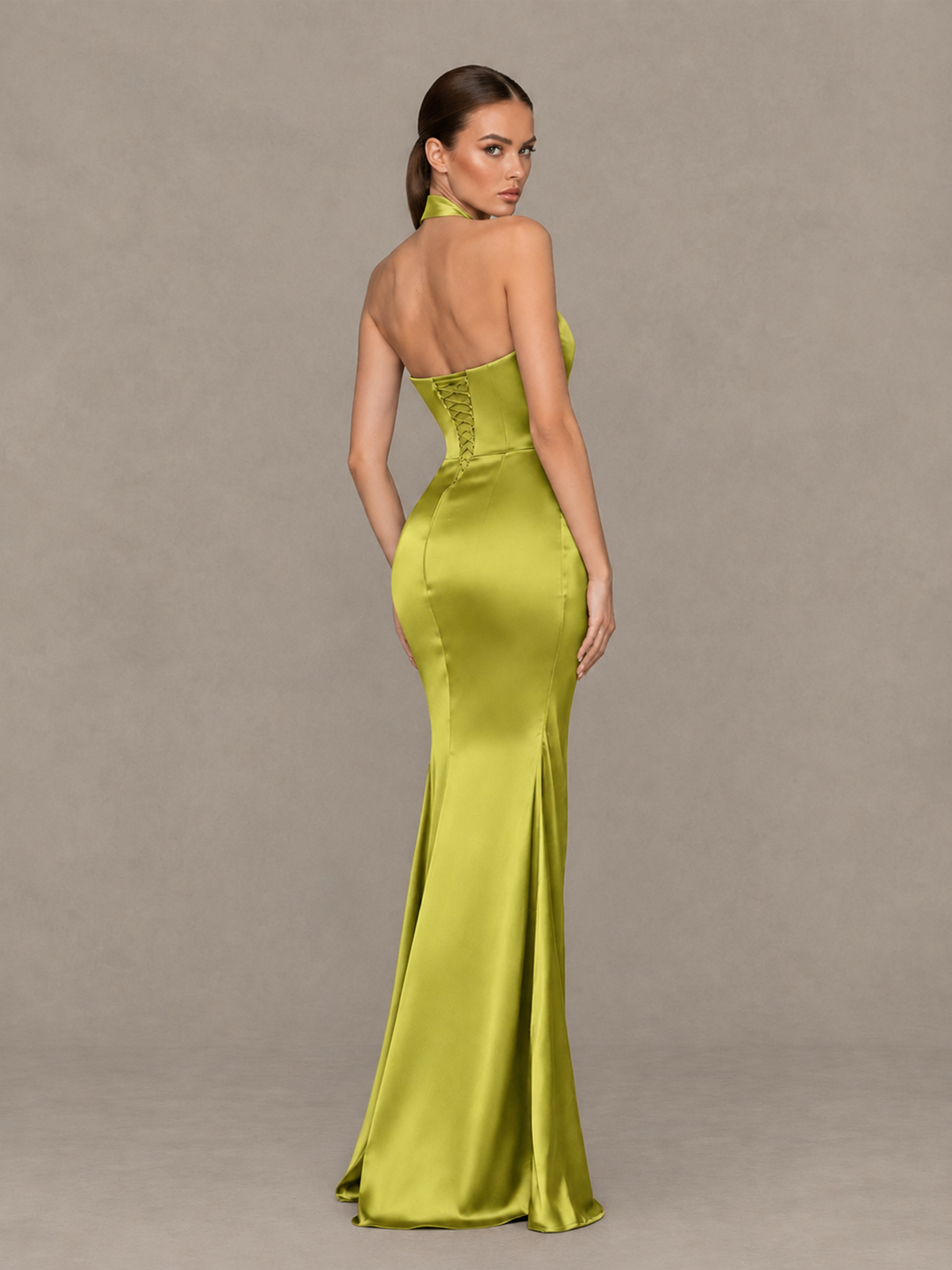 BOLODOO Chartreuse Cross-Halter Ruched Satin-Look Evening Gown with High Slit - Chartreuse - Chartreuse_2