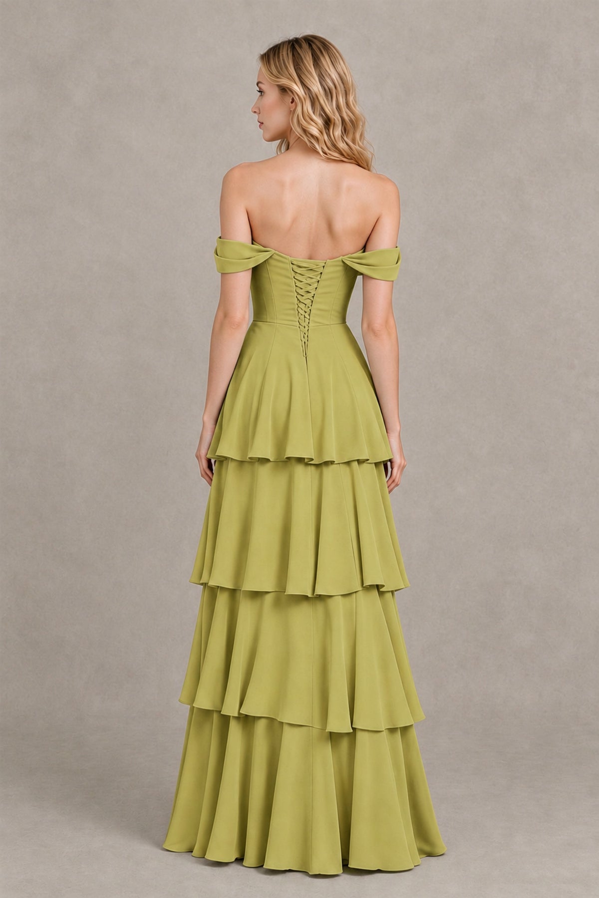 BOLODOO Chartreuse Off-the-Shoulder Tiered A-Line Evening Bridesmaid Dress - Chartreuse - Chartreuse_2