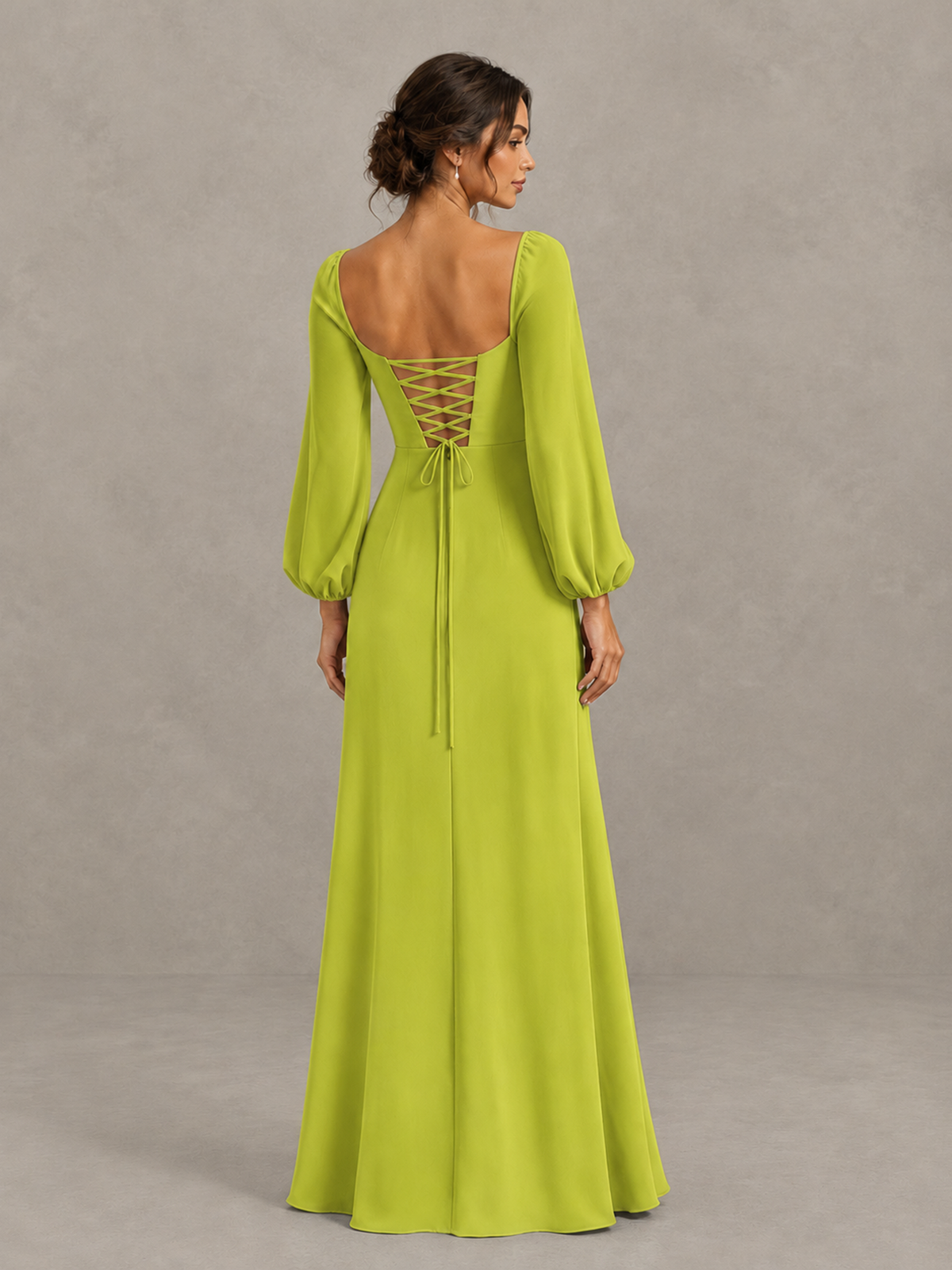 BOLODOO Chartreuse Square Neck Long Sleeve Bridesmaid Dress with High Slit - Chartreuse - Chartreuse_2