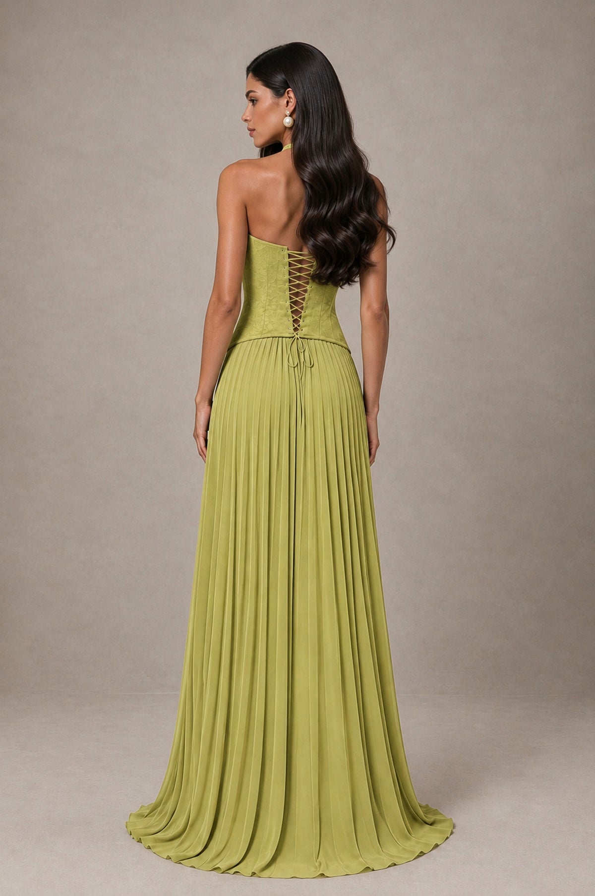 BOLODOO Chartreuse Halter Corset Pleated A-Line Evening Dress - Chartreuse - Chartreuse_2