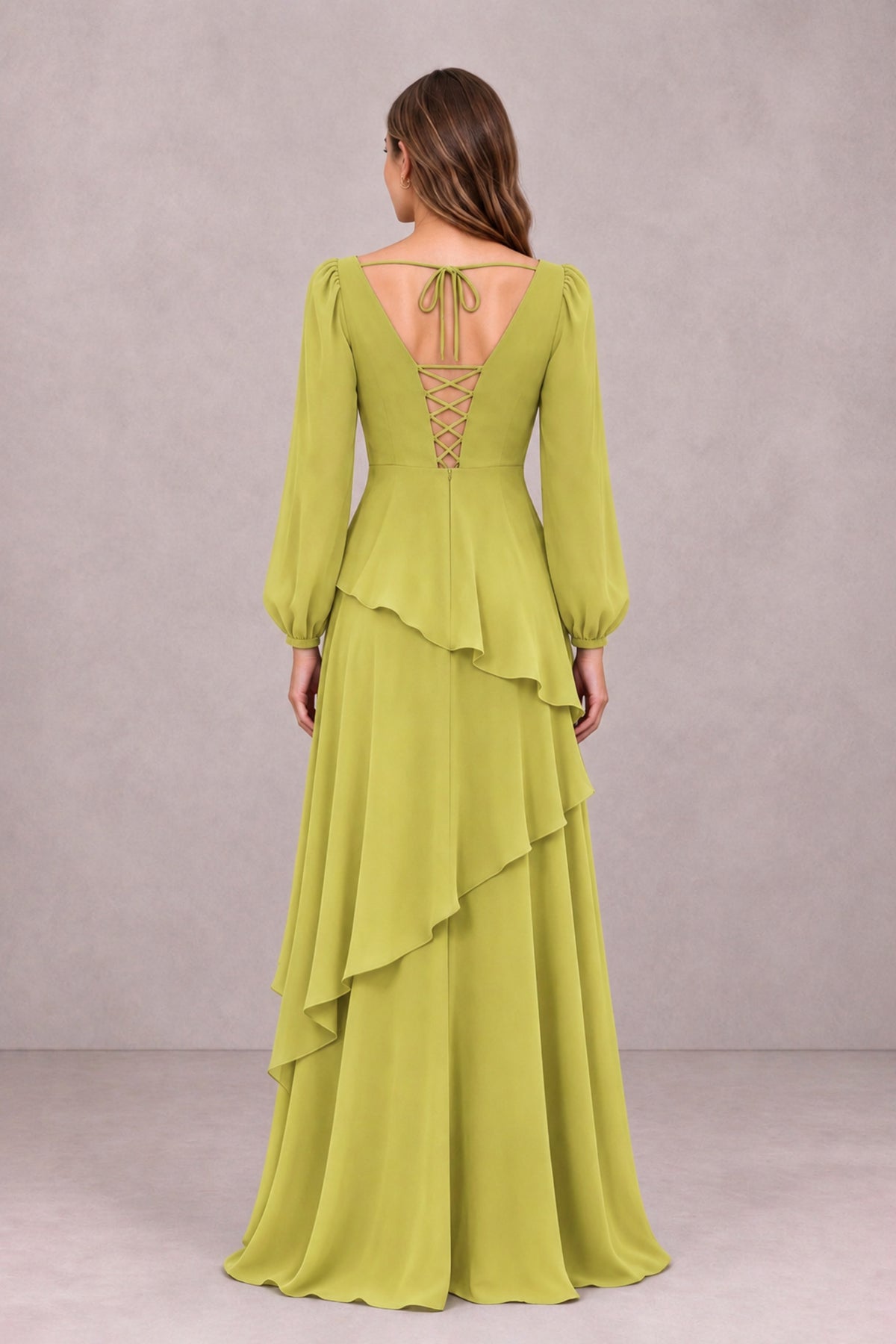 BOLODOO Chartreuse Long Sleeve Ruffle Bridesmaid Dresses - Chartreuse - Chartreuse_2