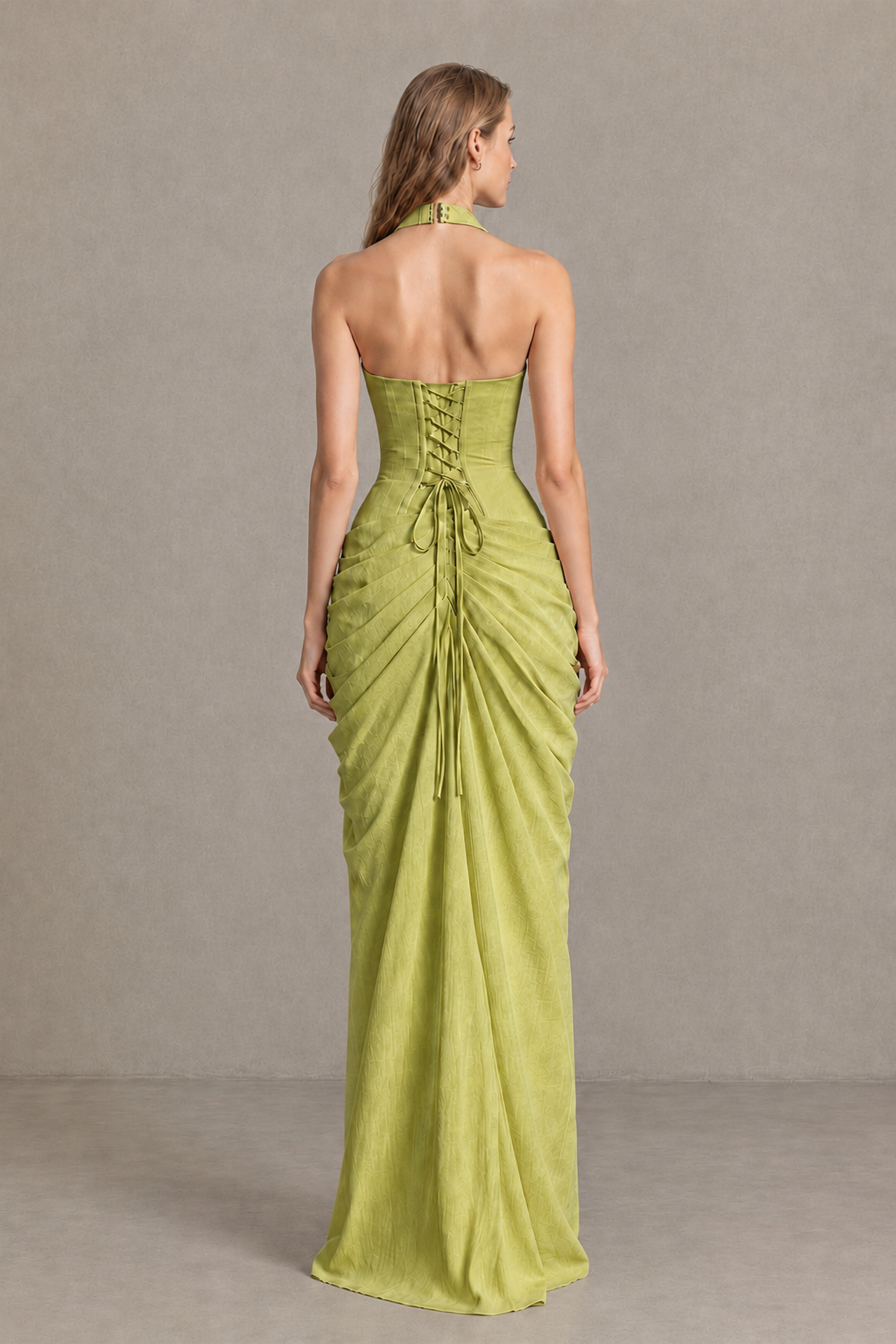 BOLODOO Chartreuse Halter Neck Ruched Maxi Dress with High Slit - Chartreuse - Chartreuse_2