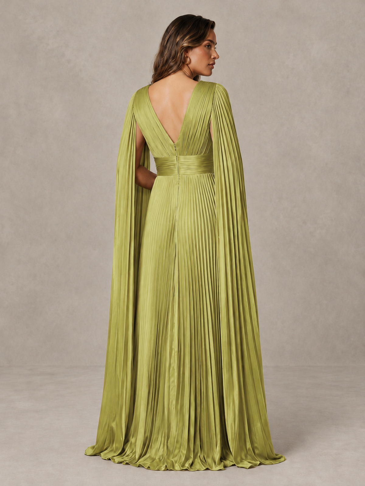 BOLODOO Chartreuse Deep V-Neck Pleated Cape Sleeve Evening Gown - Chartreuse - Chartreuse_2