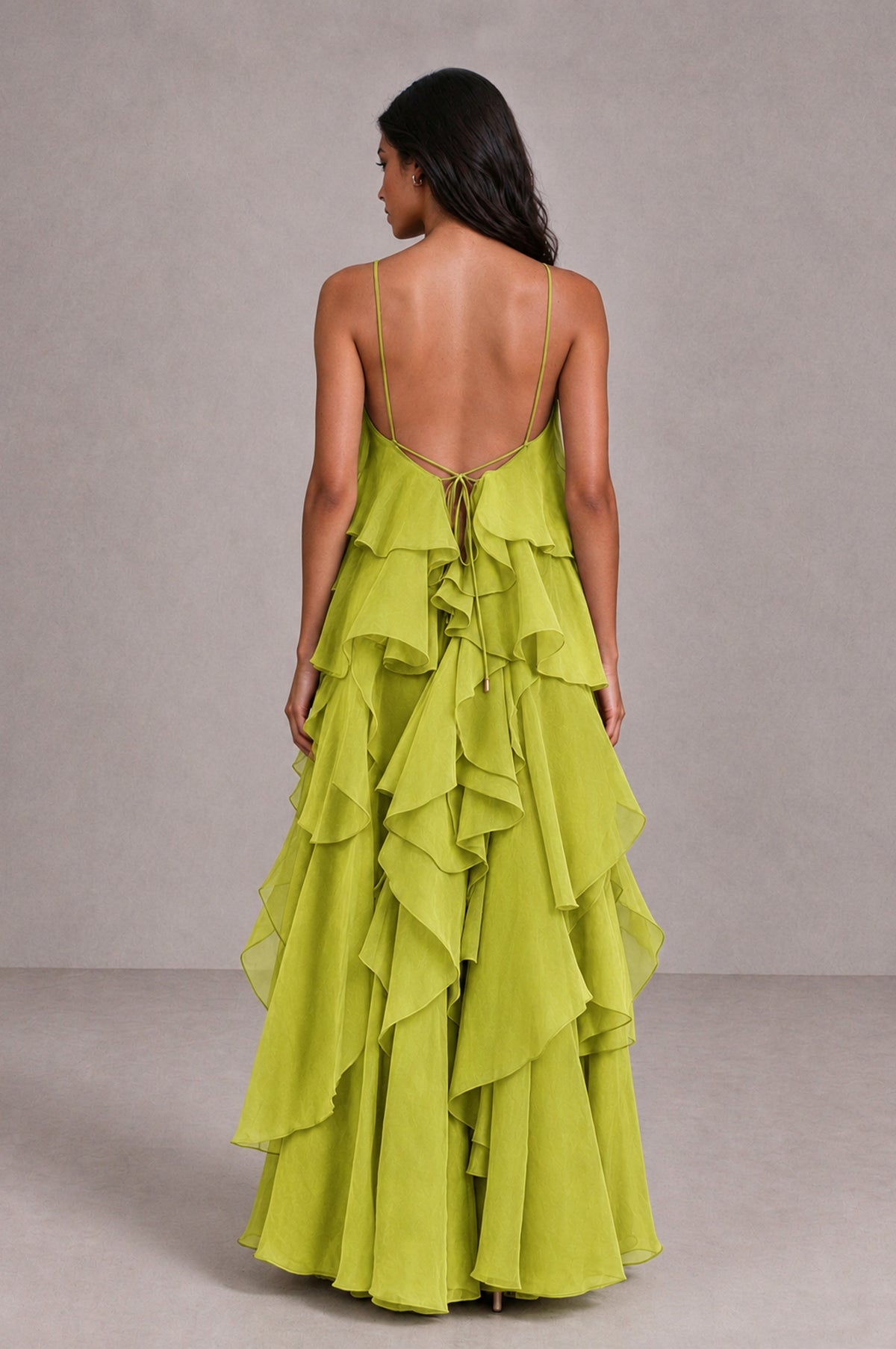 BOLODOO Chartreuse Cascading Ruffle Rosette Open-Back Maxi Dress - Chartreuse - Chartreuse_2