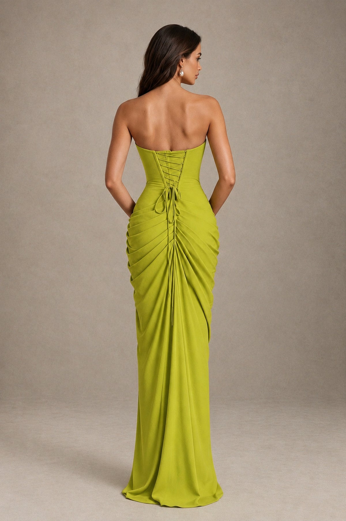 BOLODOO Strapless Draped Maxi Dress - Chartreuse Backless Evening Gown with High Slit - Chartreuse - Chartreuse_2