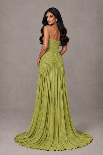 BOLODOO Chartreuse Metallic Ruched Strapless Pleated A-Line Backless Maxi Dress with Train - Chartreuse - Chartreuse_2