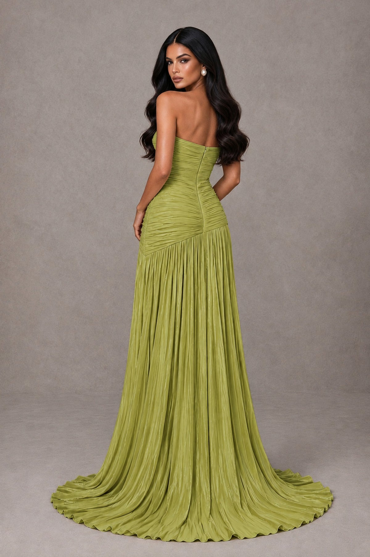 BOLODOO Chartreuse Metallic Ruched Strapless Pleated A-Line Backless Maxi Dress with Train - Chartreuse - Chartreuse_2