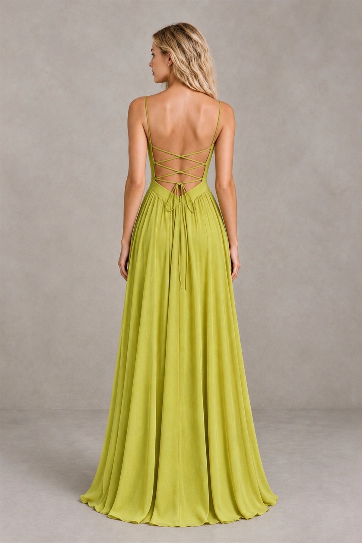 BOLODOO Chartreuse Spaghetti Strap A-Line Bridesmaid Dress with Slit - Chartreuse - Chartreuse_2