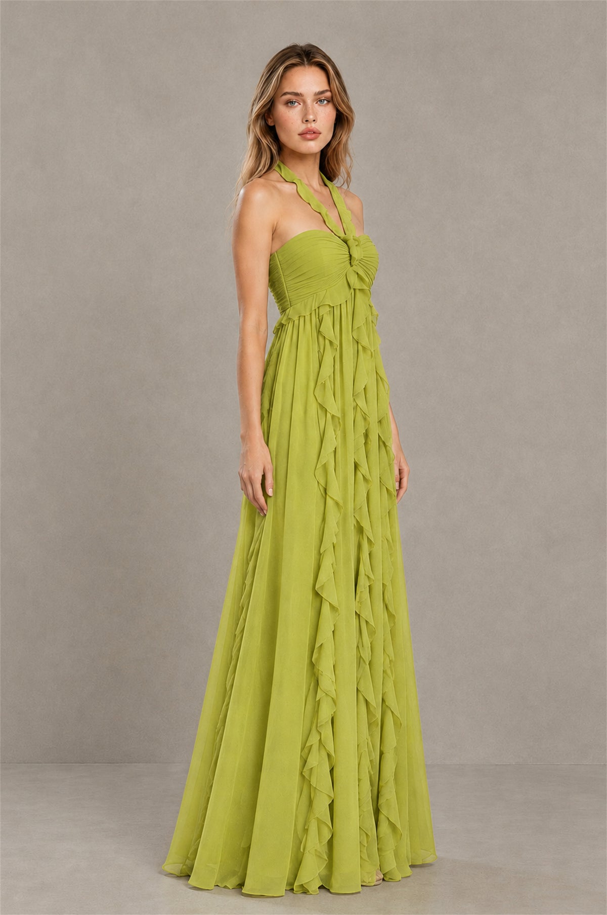 BOLODOO Chartreuse Halter Ruffle A-Line Floor-Length Evening Dress - Chartreuse - Chartreuse_3