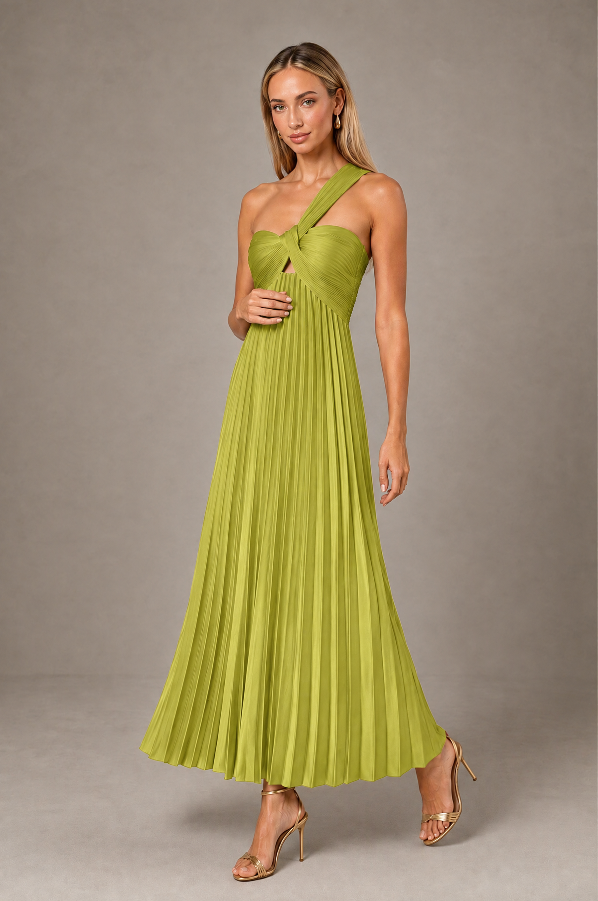BOLODOO Chartreuse One-Shoulder Twist Knot Pleated Satin Midi Dress with Cutout - Chartreuse - Chartreuse_3