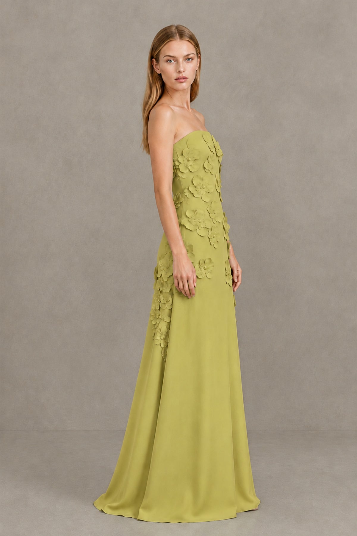 BOLODOO Chartreuse Strapless 3D Floral Appliqué Crepe Maxi Gown - Chartreuse - Chartreuse_3