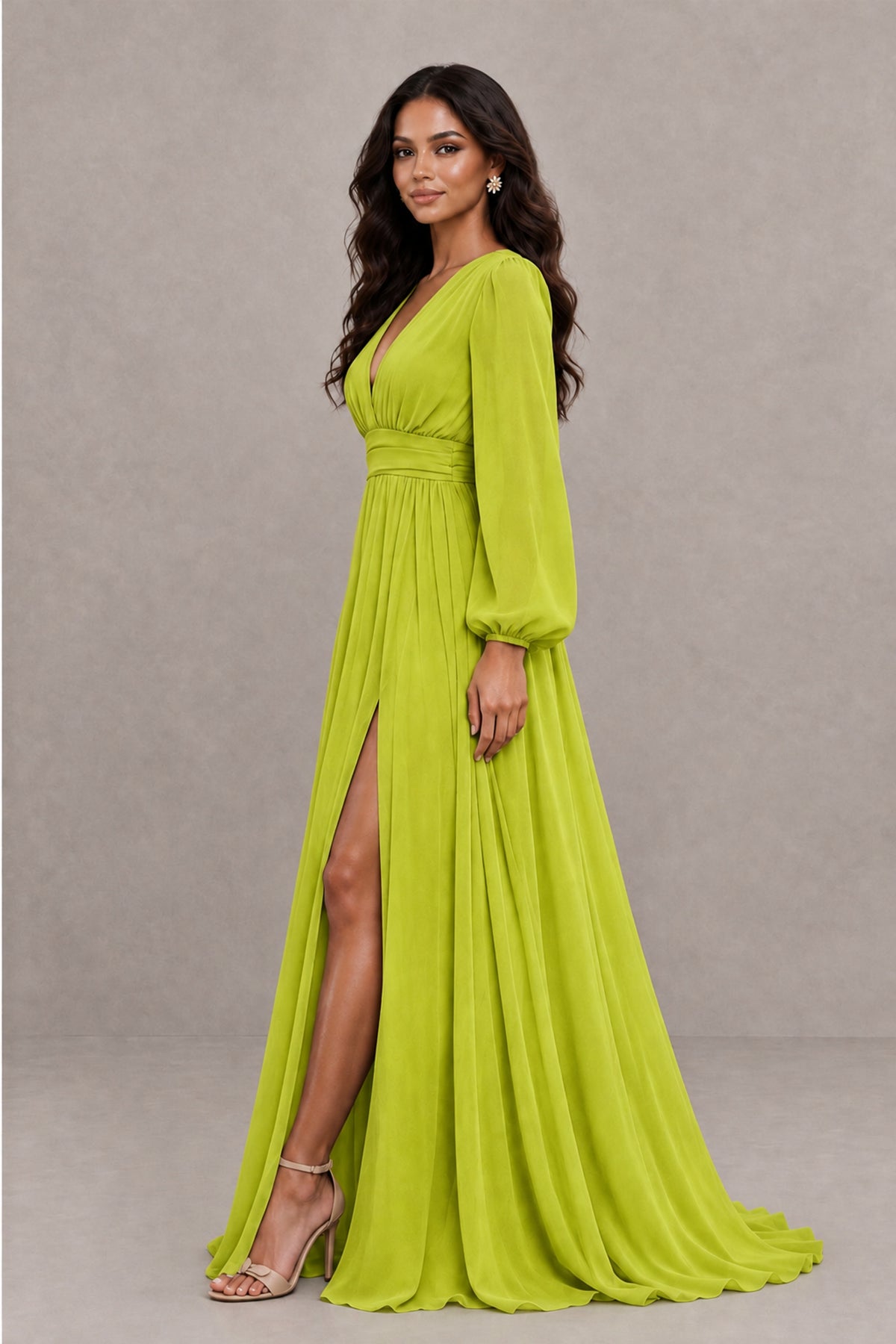 BOLODOO Chartreuse Long Sleeve V-Neck A-Line Gown with Open Back & Slit - Chartreuse - Chartreuse_3