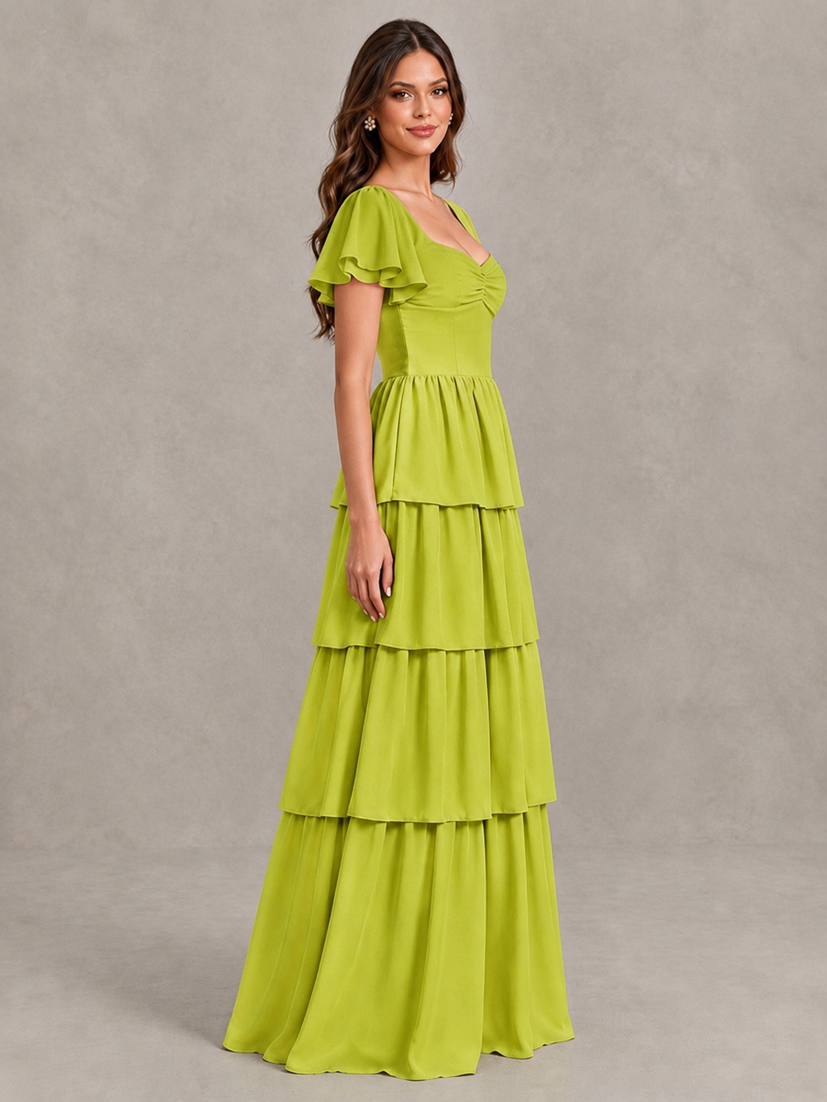 BOLODOO Chartreuse Flutter Sleeve Tiered Maxi Bridesmaid Dress - Chartreuse - Chartreuse_3