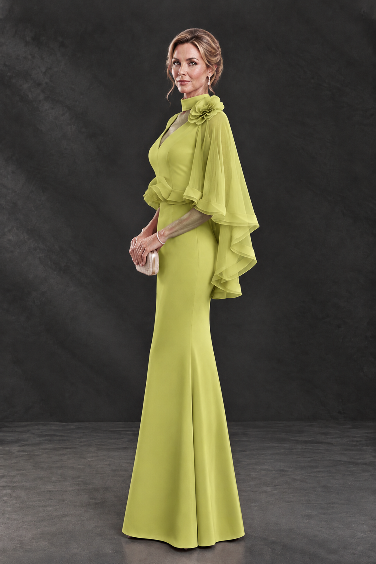 BOLODOO Chartreuse Floral Cape Sleeve Mother of the Bride Dress - Chartreuse - Chartreuse_3