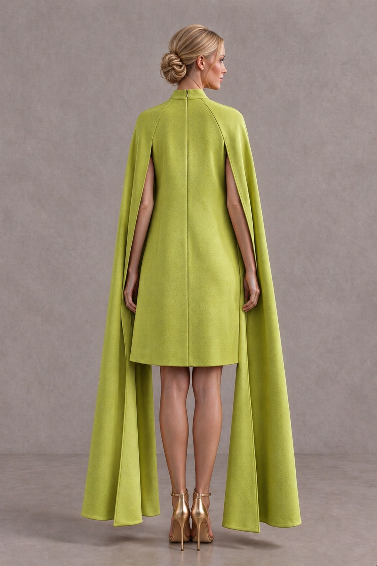 BOLODOO Chartreuse High Neck Floral Cape Mini Cocktail Dress - Chartreuse - Chartreuse_3