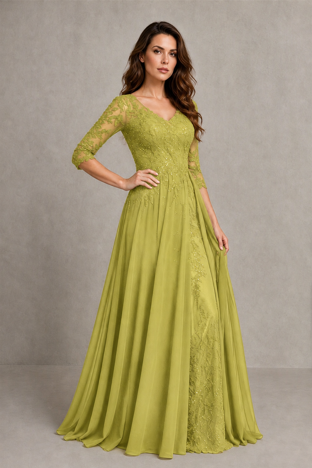 BOLODOO Midnight Chartreuse Beaded Lace Appliqué Chiffon A-Line Gown | Mother of the Bride & Formal Evening Dress - Chartreuse - Chartreuse_3