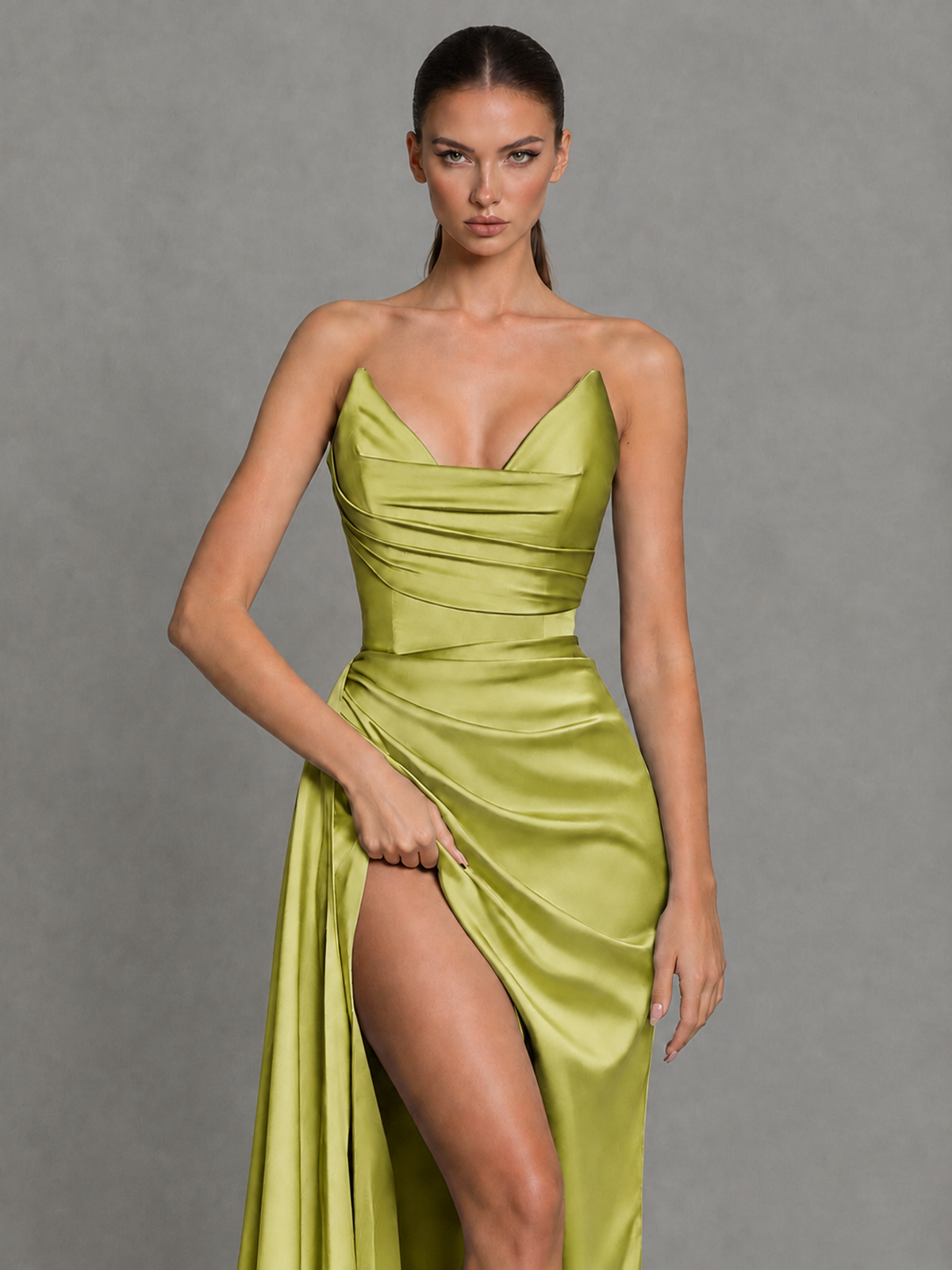 BOLODOO Chartreuse Strapless Satin High-Slit Lace-Up Prom Dress - Chartreuse - Chartreuse_3