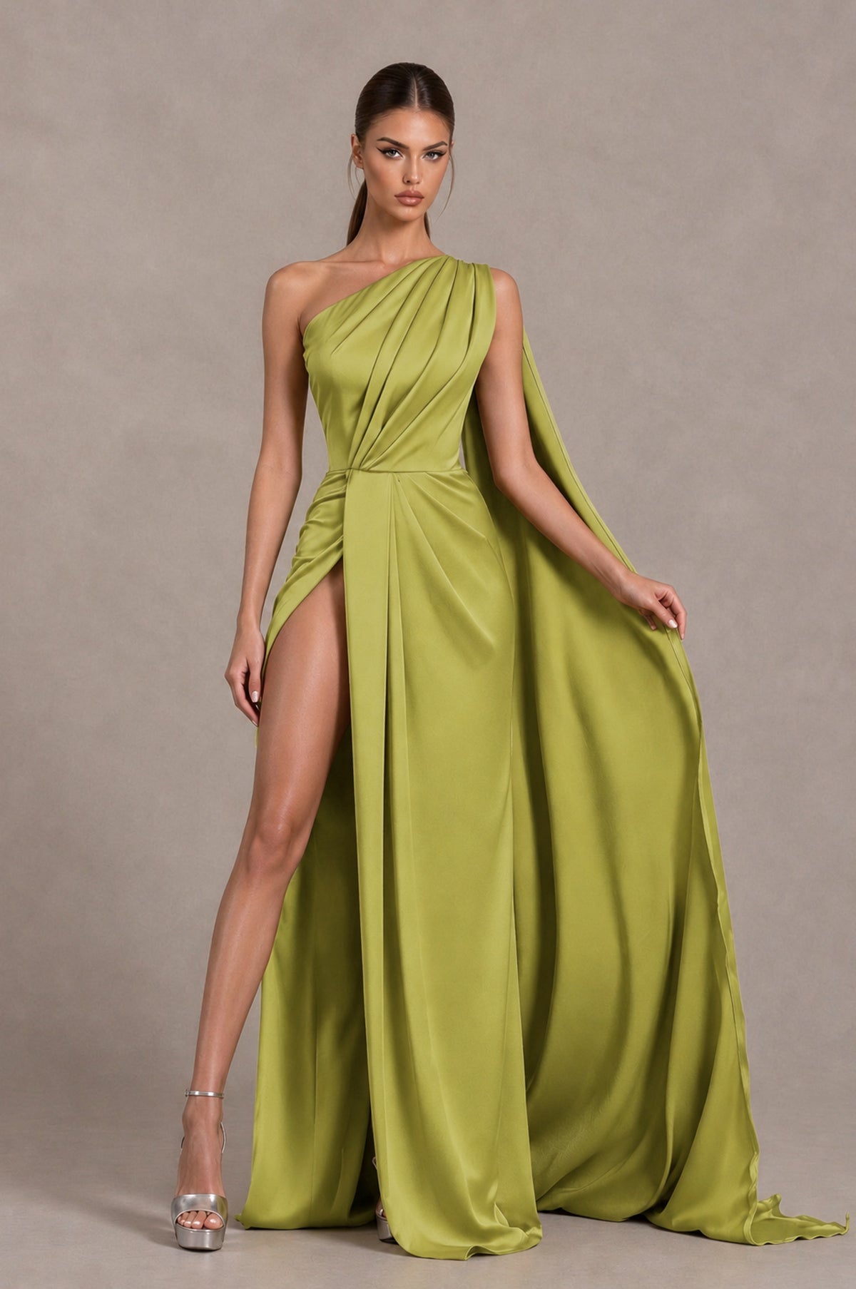 BOLODOO Chartreuse One Shoulder Satin Evening Dress with High Slit and Draped Cape Train - Chartreuse - Chartreuse_3