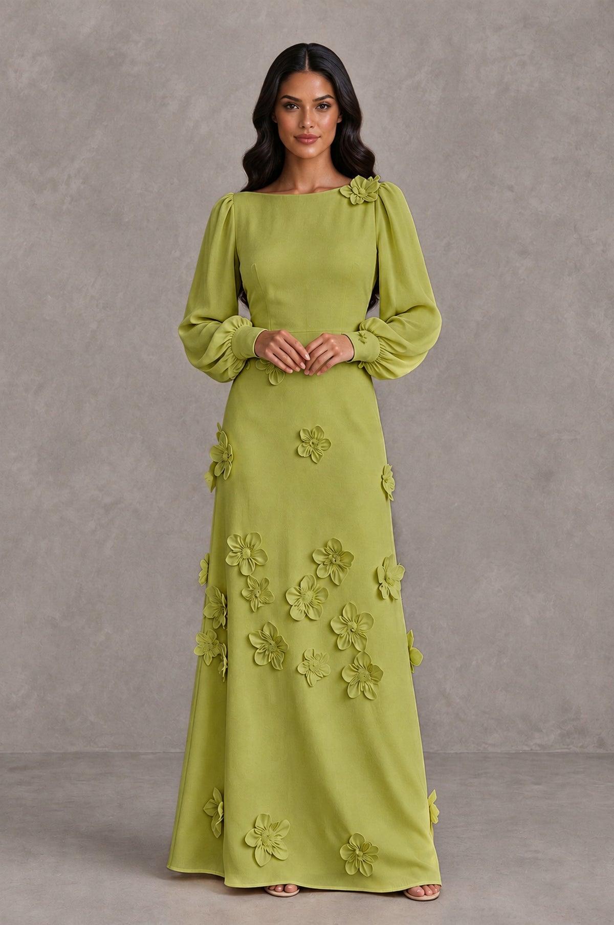 BOLODOO Chartreuse Long Sleeve Floral Applique A-Line Evening Dress - Chartreuse - Chartreuse_3