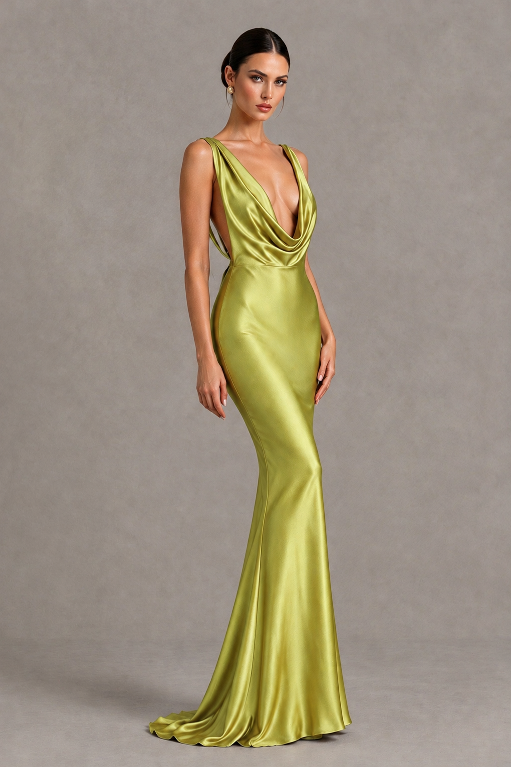 BOLODOO Chartreuse Cowl Neck Backless Satin Mermaid Evening Dress - Chartreuse - Chartreuse_3