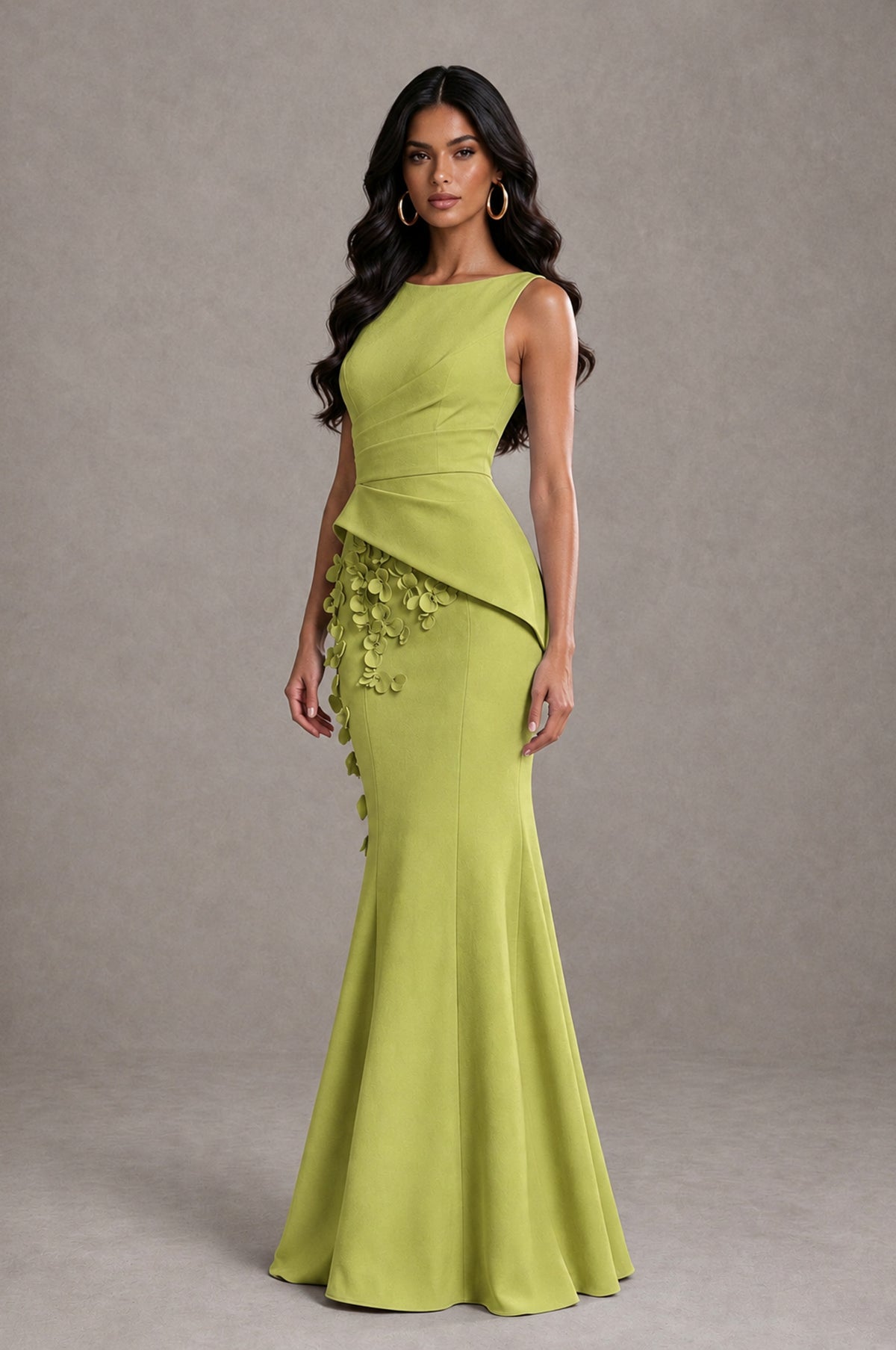 BOLODOO Chartreuse Bateau Neck Sleeveless Asymmetric Peplum 3D Petal Appliqué Mermaid Gown BD0421 - Chartreuse - Chartreuse_3