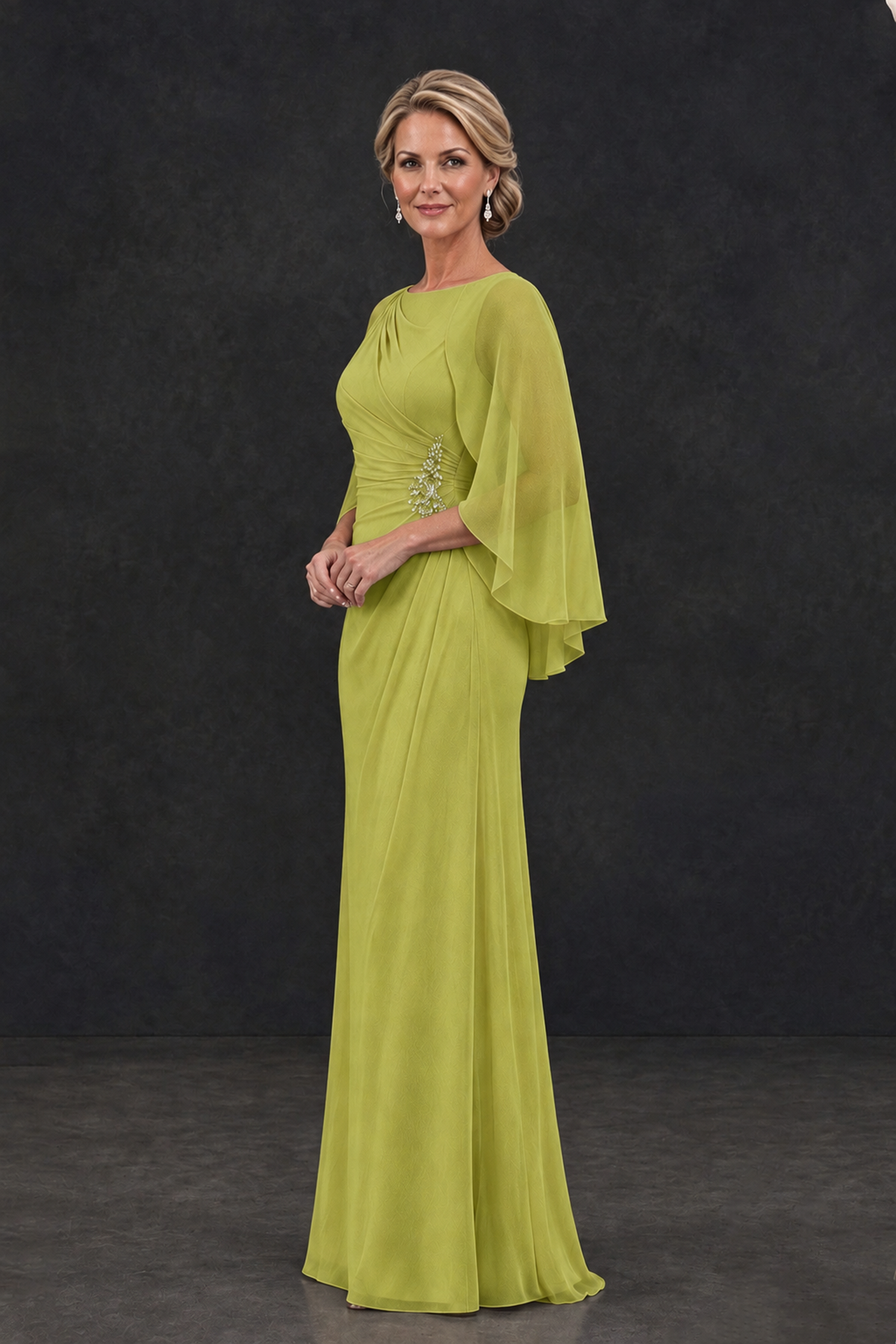 BOLODOO Chartreuse Cape Sleeve Mother of the Bride Dress with Ruched Waist - Chartreuse - Chartreuse_3