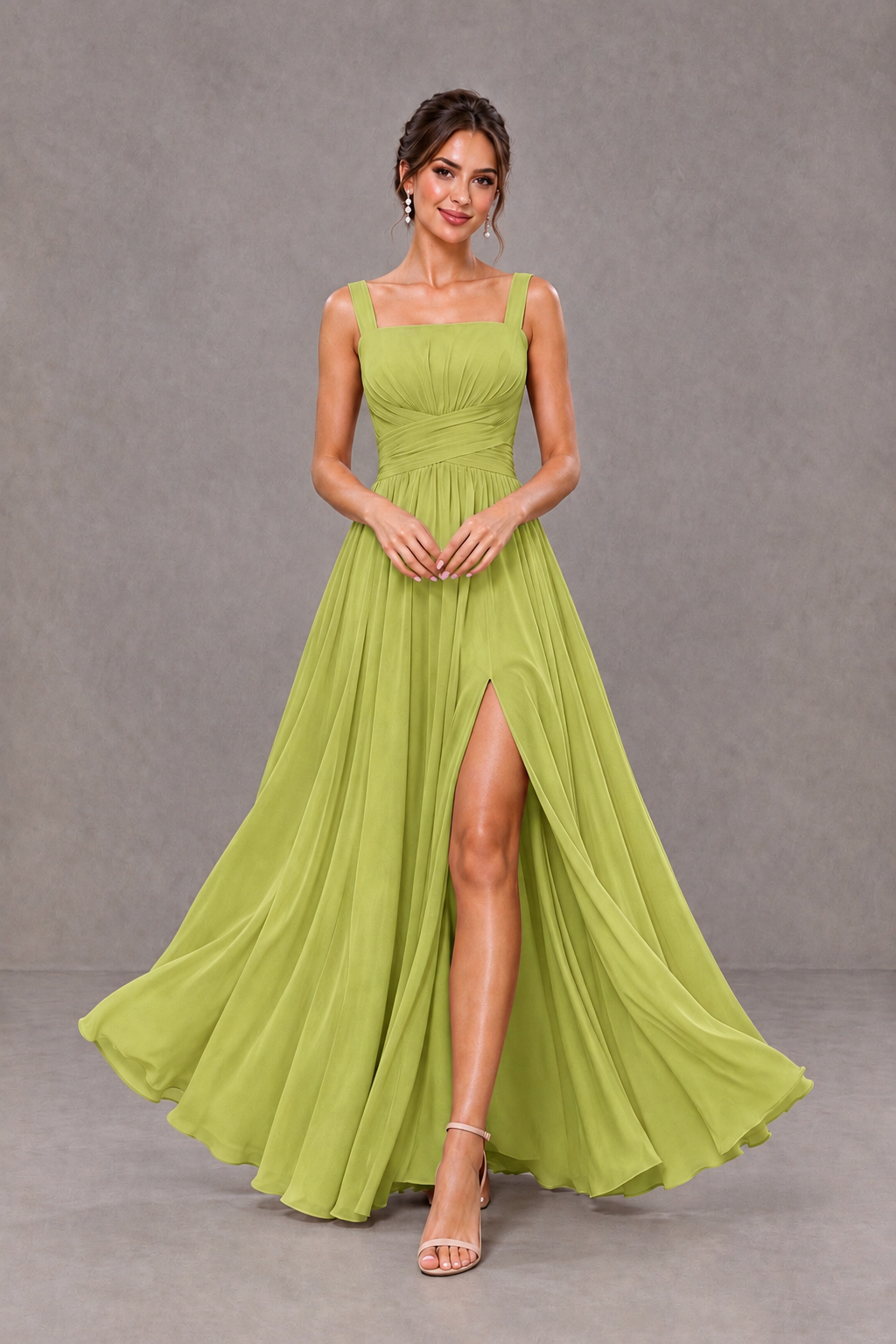 BOLODOO Chartreuse Square Neck A-Line Bridesmaid Dress with Slit - Chartreuse - Chartreuse_3