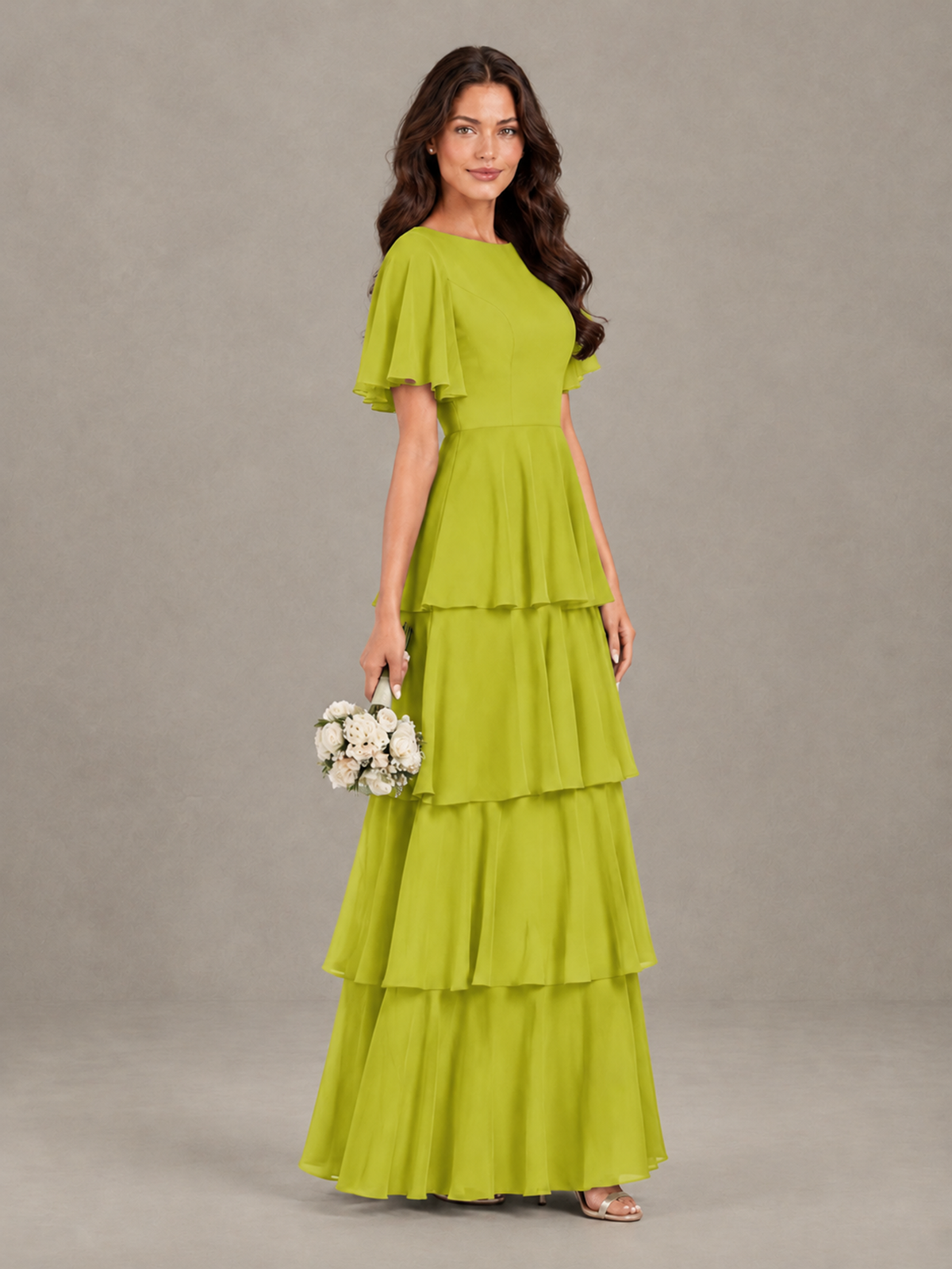 BOLODOO Chartreuse Tiered Flutter Sleeve Bridesmaid Dress - Chartreuse - Chartreuse_3
