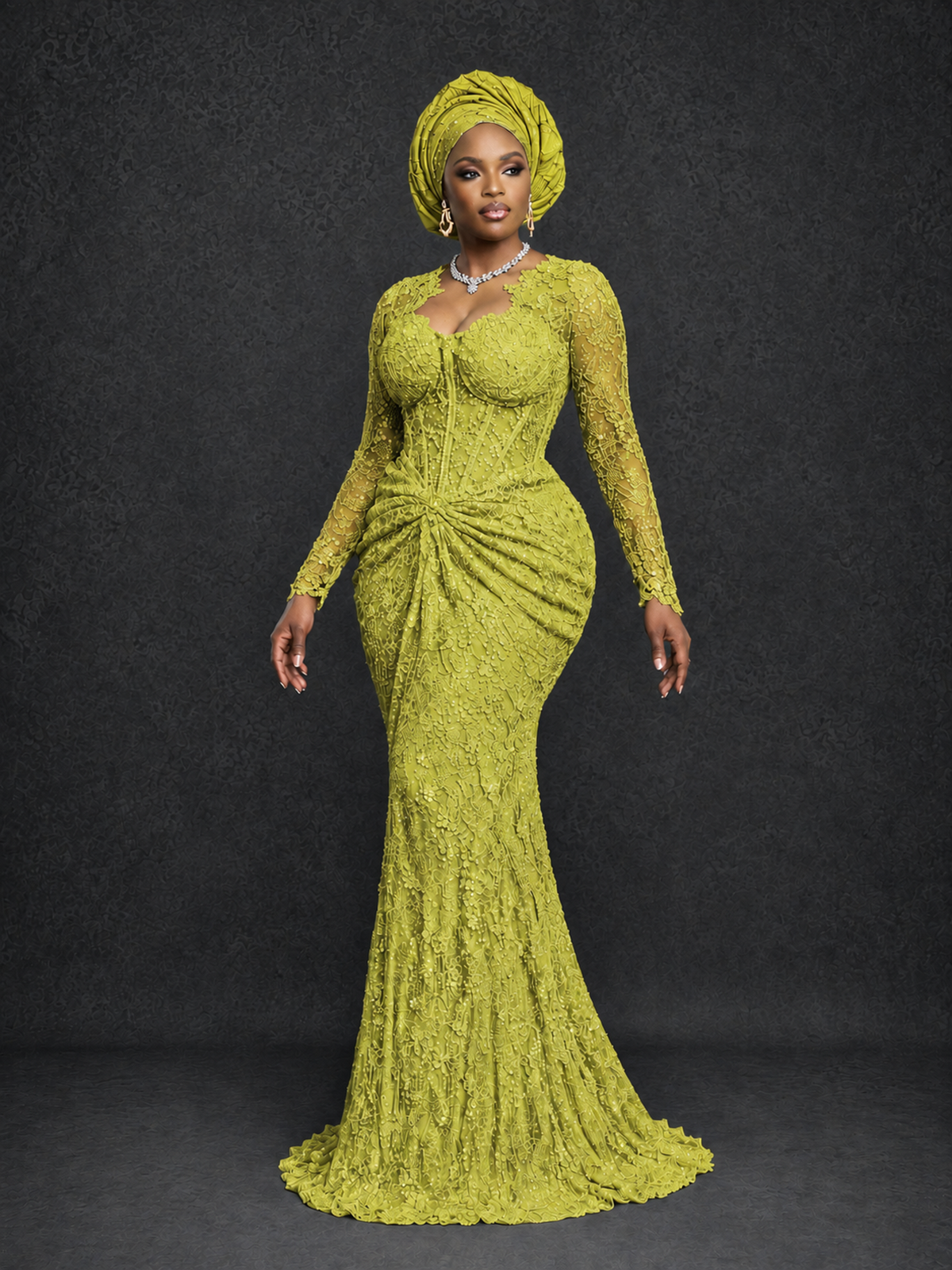 BOLODOO Chartreuse Beaded Lace Long Sleeve Mermaid Gown Sweetheart | Mother of the Bride - Chartreuse - Chartreuse_3