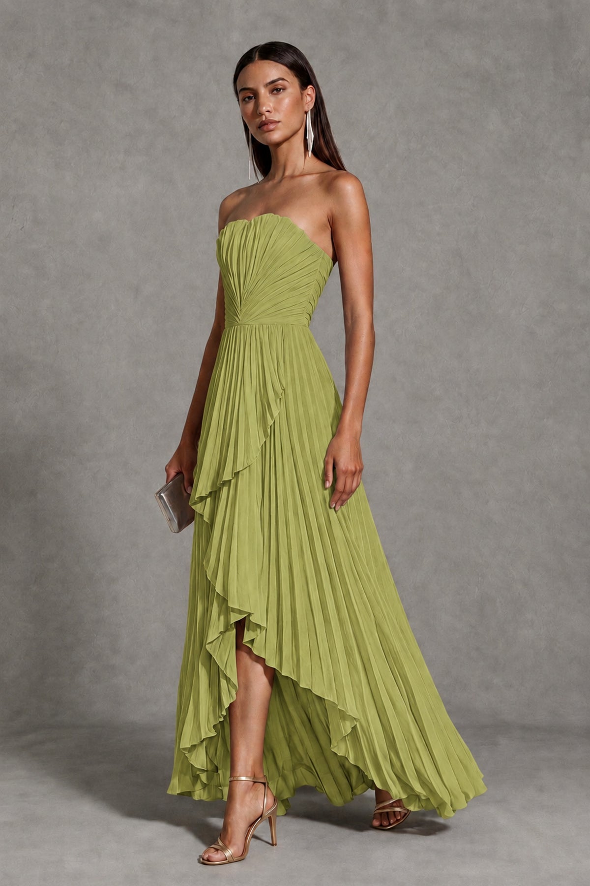 Chartreuse Strapless Pleated High-Low Evening Gown with Ruffle Hem - Chartreuse - Chartreuse_3