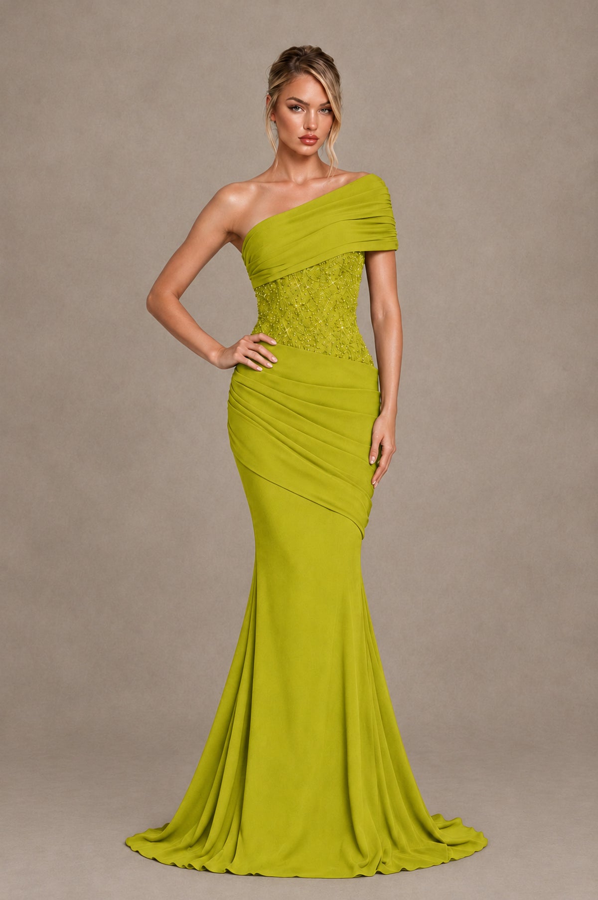 BOLODOO Chartreuse One-Shoulder Sequin Embroidered Ruched Mermaid Gown with Train - Chartreuse - Chartreuse_3