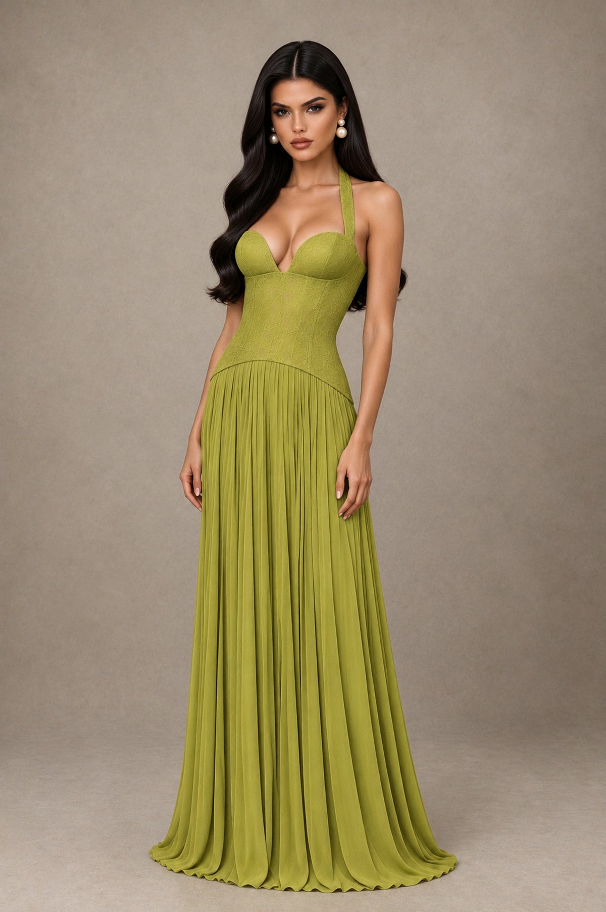 BOLODOO Chartreuse Halter Corset Pleated A-Line Evening Dress - Chartreuse - Chartreuse_3