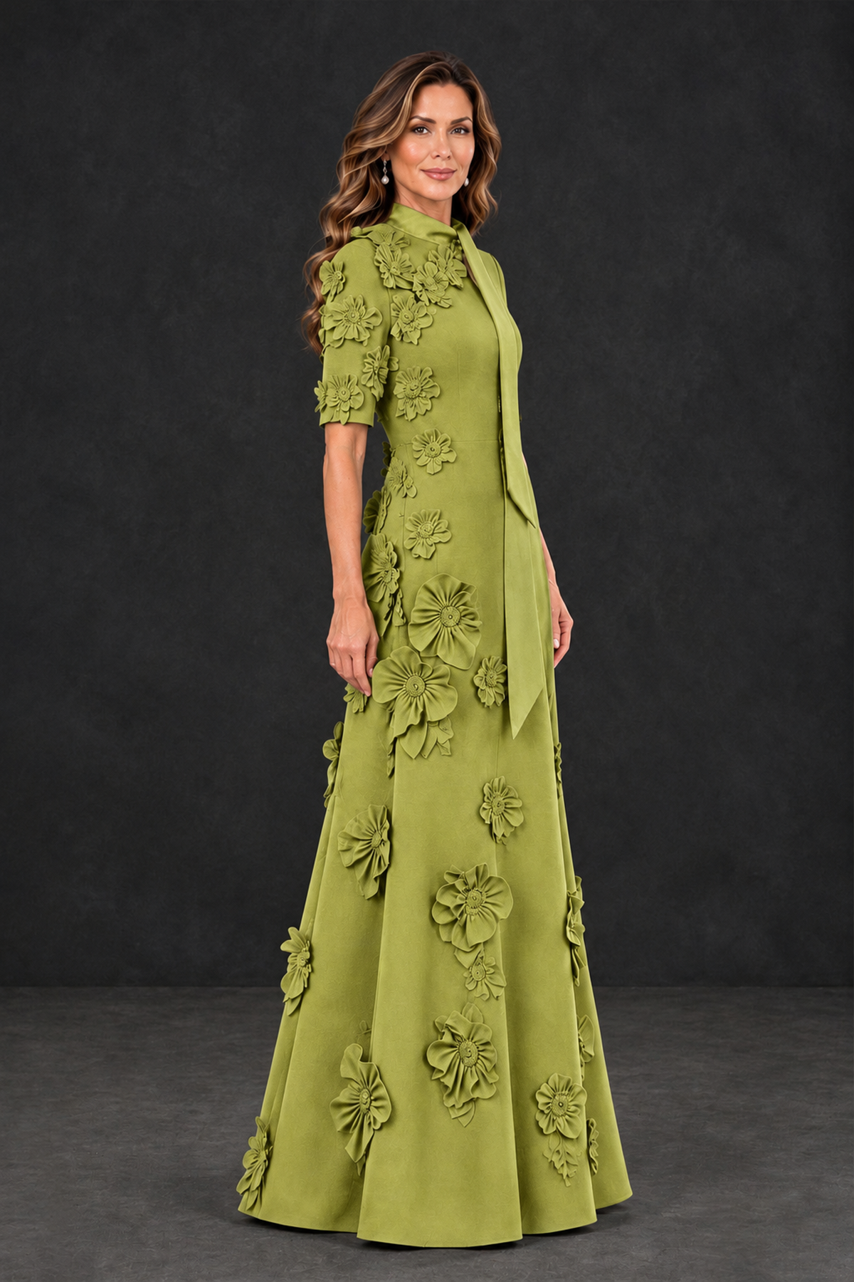 BOLODOO Chartreuse Floral Applique High-Neck Half-Sleeve Gown - Chartreuse - Chartreuse_3