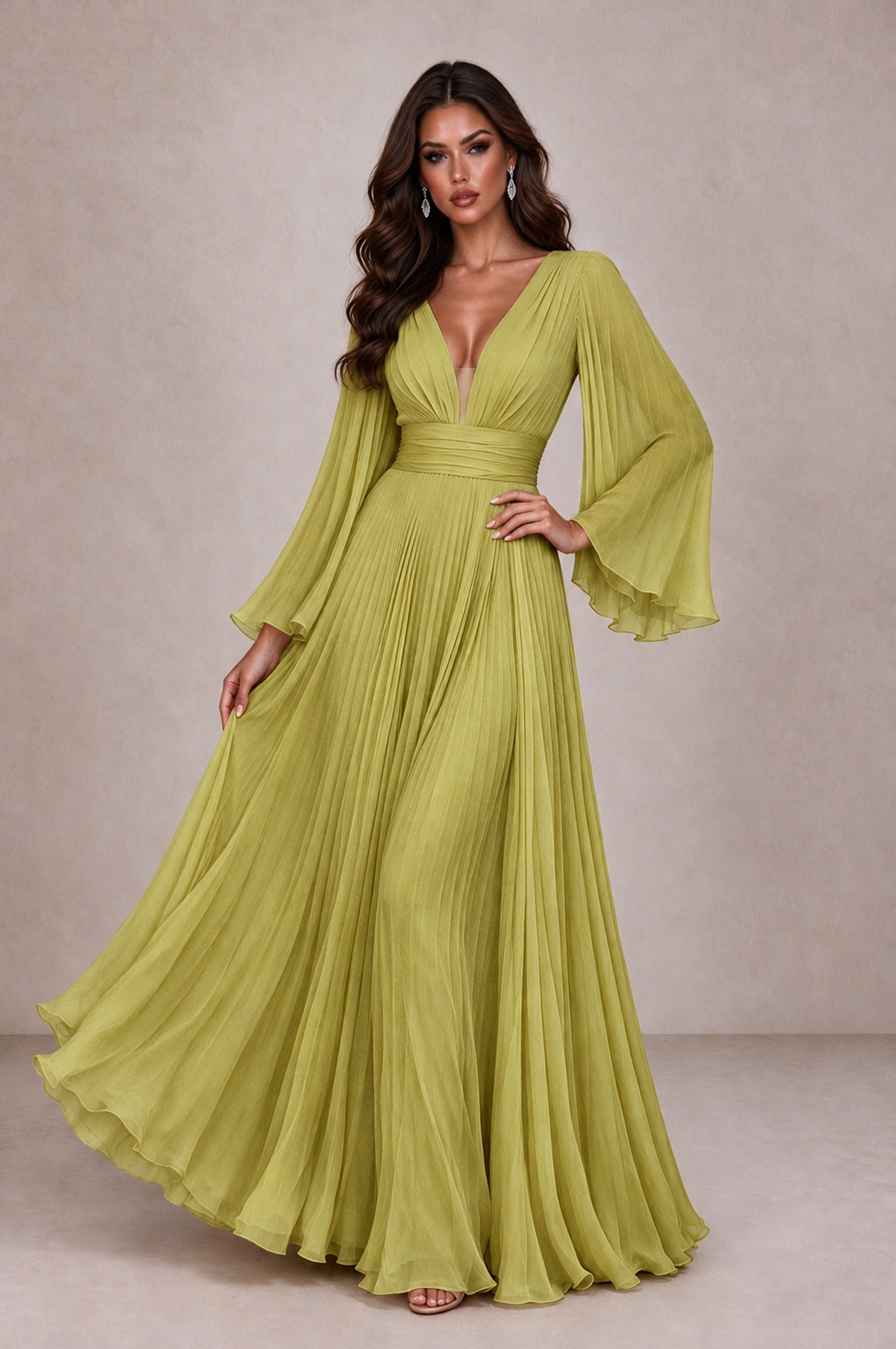 BOLODOO Chartreuse Pleated Deep V-Neck Long Bell Sleeve Evening Dress - Chartreuse - Chartreuse_3