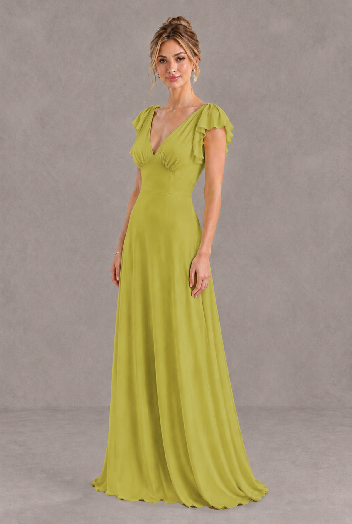 BOLODOO Chartreuse V-Neck Flutter Sleeve A-Line Bridesmaid Dress - Chartreuse - Chartreuse_3