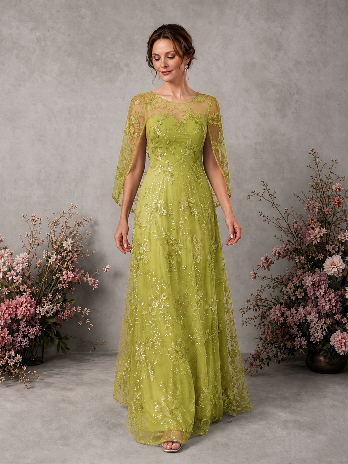 BOLODOO Chartreuse Sequin Lace Cape Sleeve Formal Evening Gown - Chartreuse - Chartreuse_3