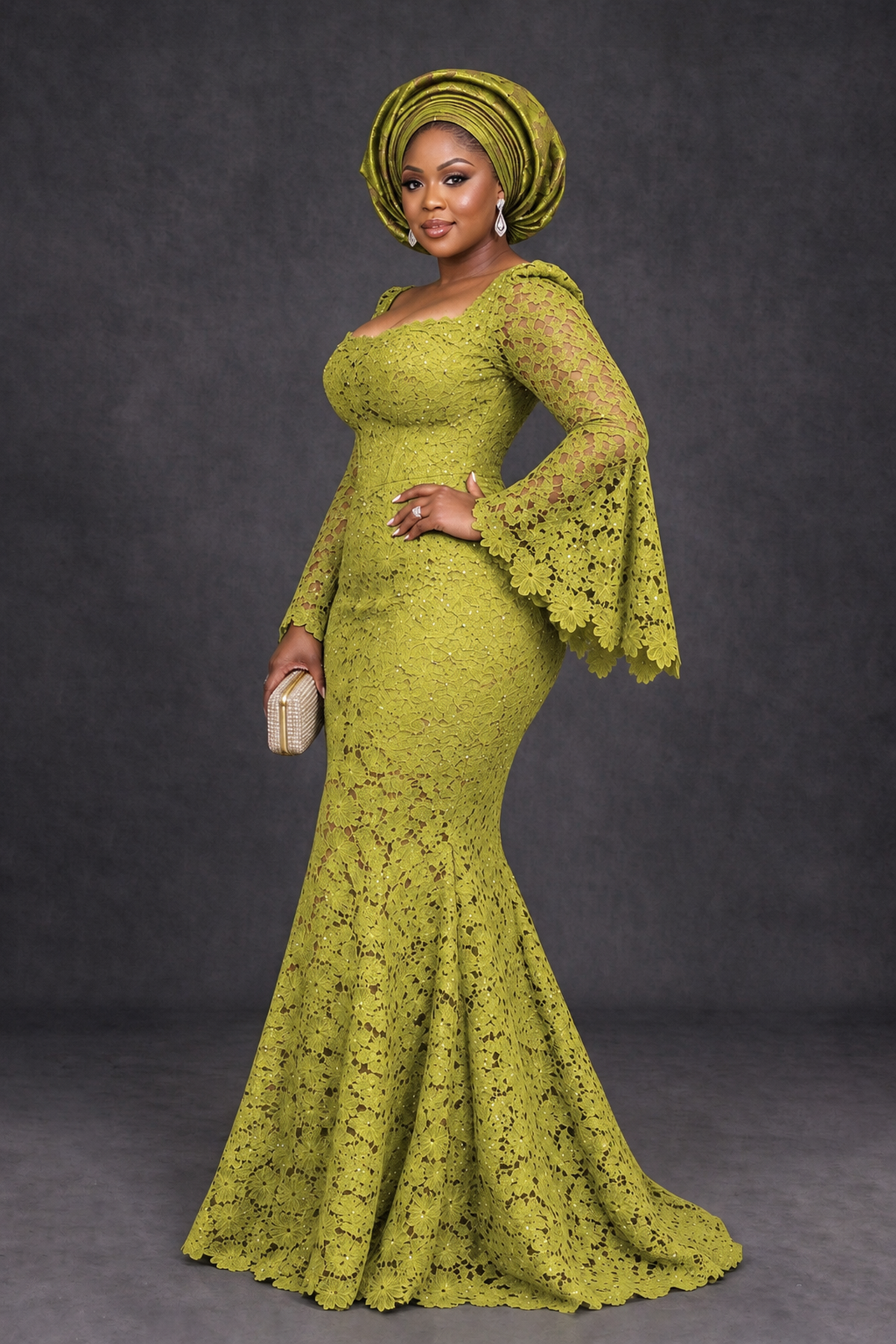 BOLODOO Chartreuse African Lace Mermaid Dress, Plus Size Nigerian Wedding Guest Gown with Bell Sleeves - Chartreuse - Chartreuse_3