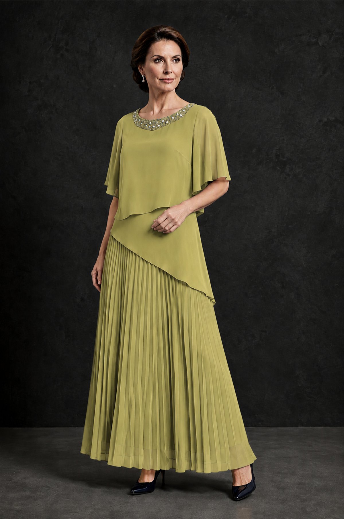 BOLODOO Chartreuse Pearl Beaded Neck Asymmetric Tiered Flutter Sleeve Pleated Chiffon Maxi Dress - Chartreuse - Chartreuse_3
