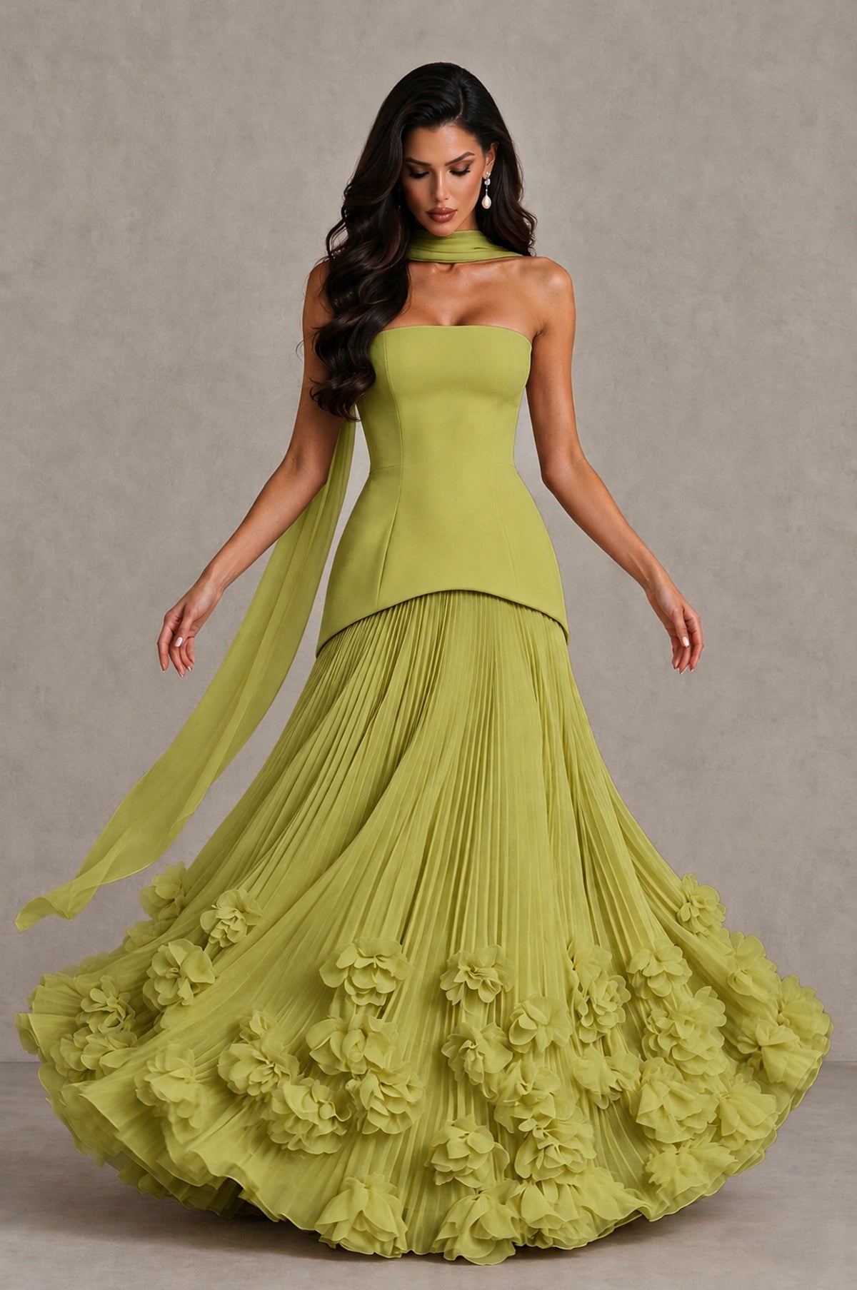 BOLODOO Chartreuse Strapless Pleated Floral Hem Evening Gown - Chartreuse - Chartreuse_3