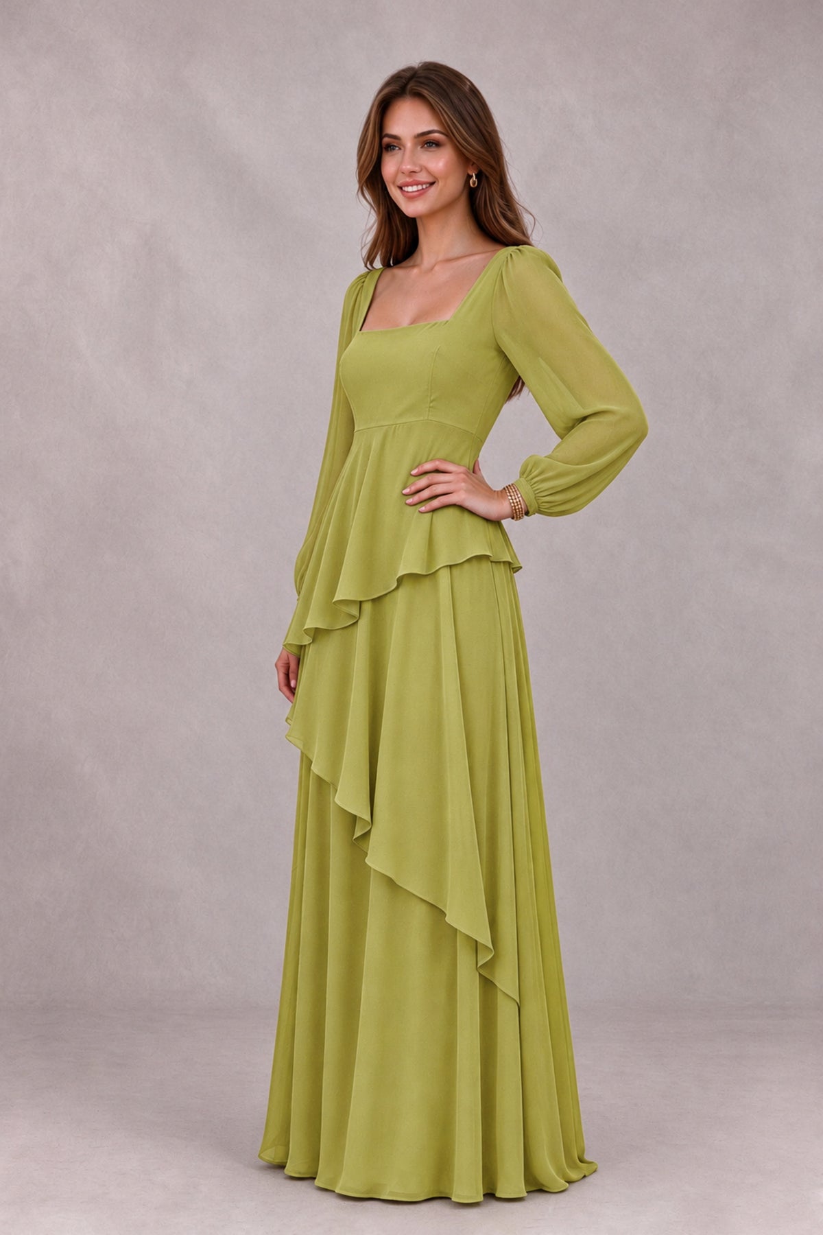BOLODOO Chartreuse Long Sleeve Ruffle Bridesmaid Dresses - Chartreuse - Chartreuse_3
