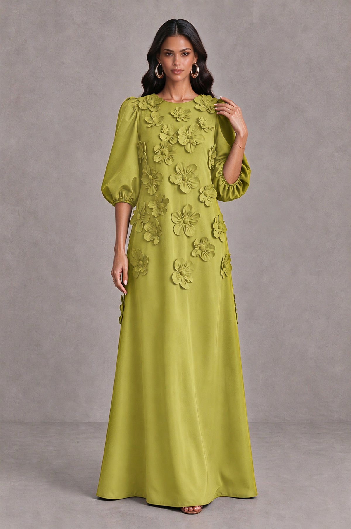 BOLODOO Chartreuse Floral Applique Puff Sleeve A-Line Evening Dress - Chartreuse - Chartreuse_3