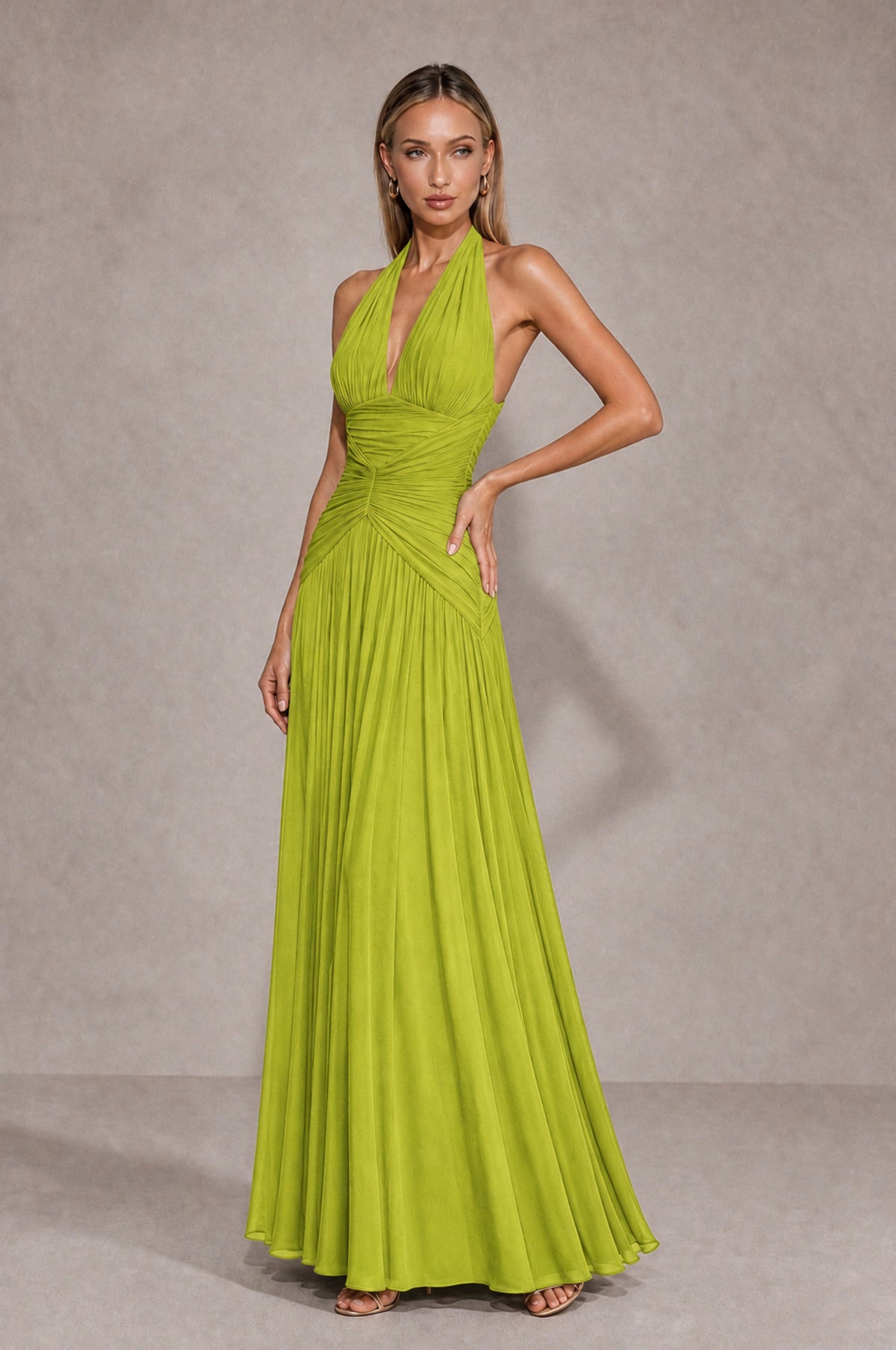 BOLODOO Chartreuse Chiffon Halter Deep V-Neck Ruched A-Line Backless Maxi Dress with Train-BD0167 - Chartreuse - Chartreuse_3