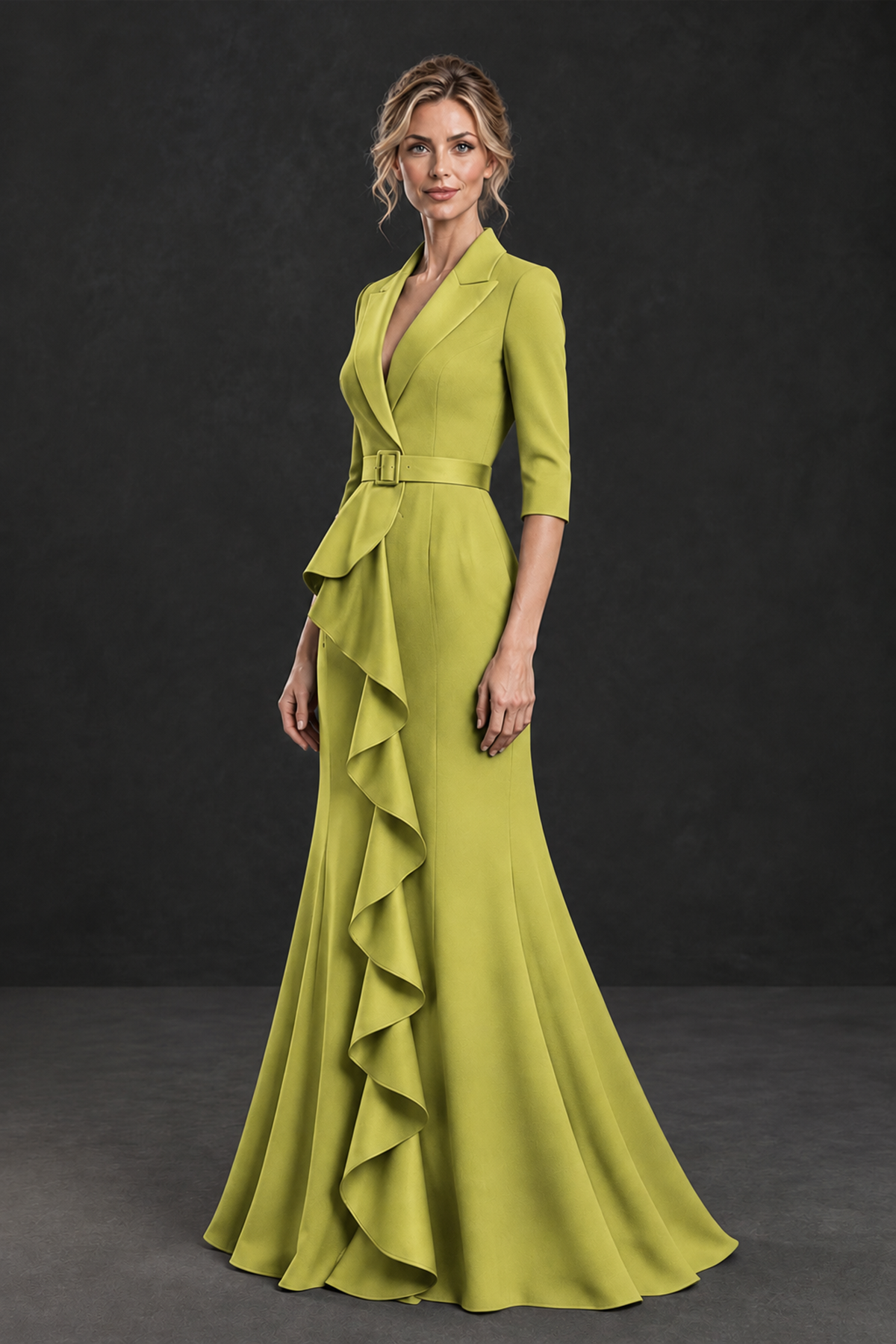 BOLODOO Chartreuse Lapel Ruffle Mother of the Bride Dress with Belt - Chartreuse - Chartreuse_3